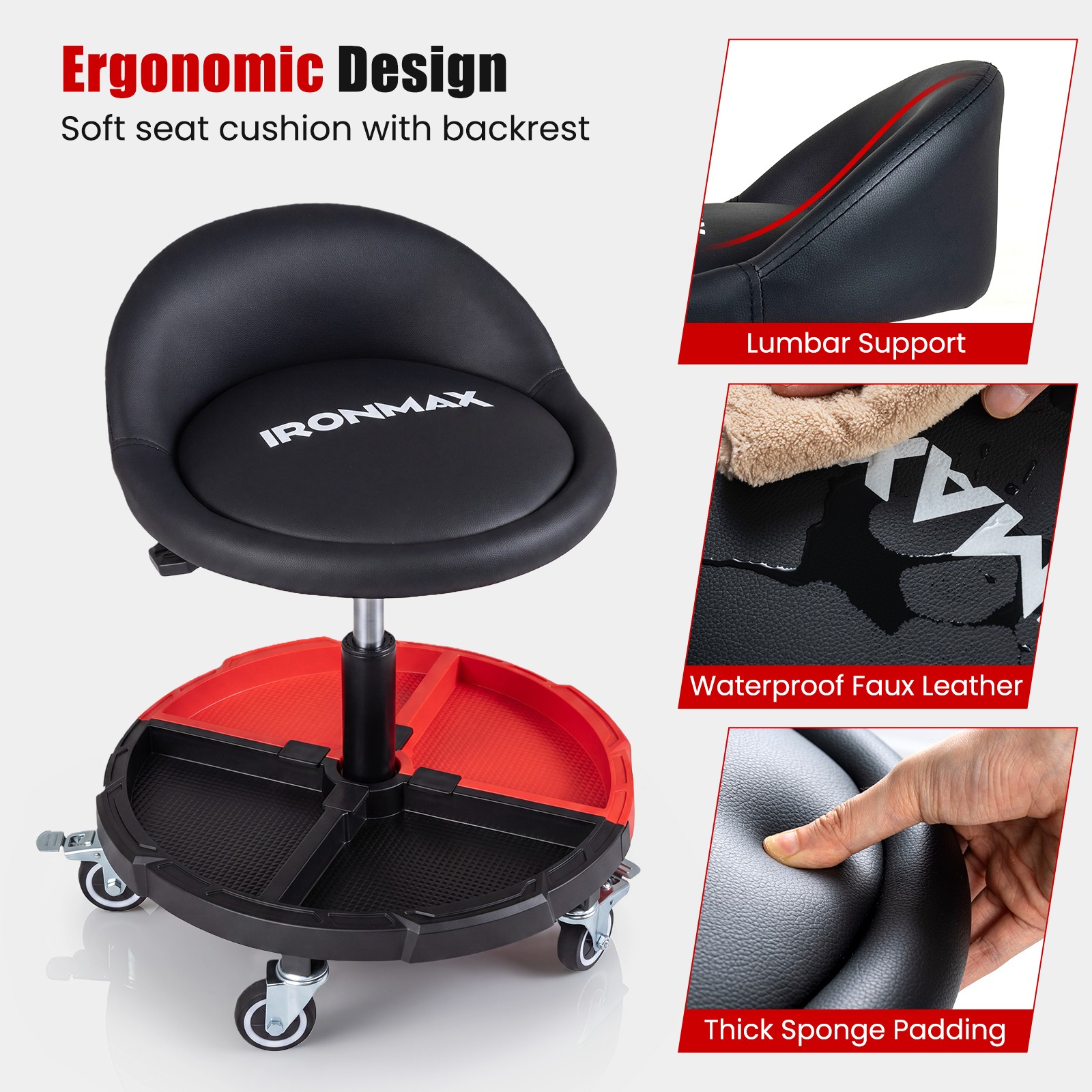360° Rolling Mechanic Stool w/Tool Storage Tray, Backrest, Lockable Wheels