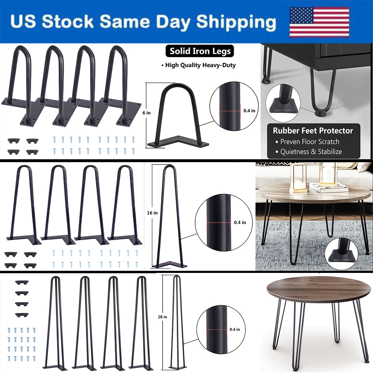 Coffee Table Legs Hairpin Legs Metal Legs Furniture Legs 6 to 28 ” Iron 4Pcs/Set