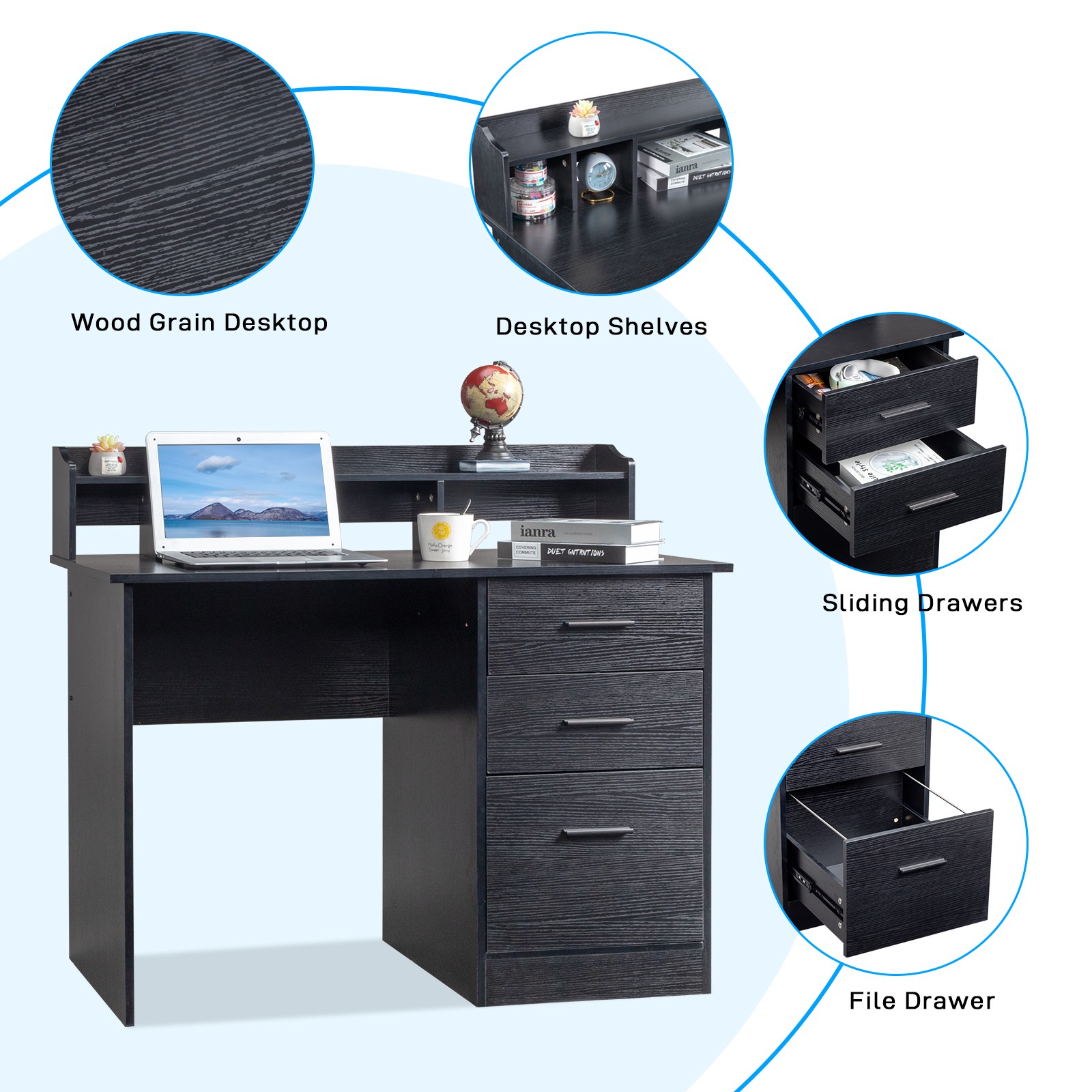 110x50x95cm Black Wood Grain Particleboard Computer Desk With Three Drawers For