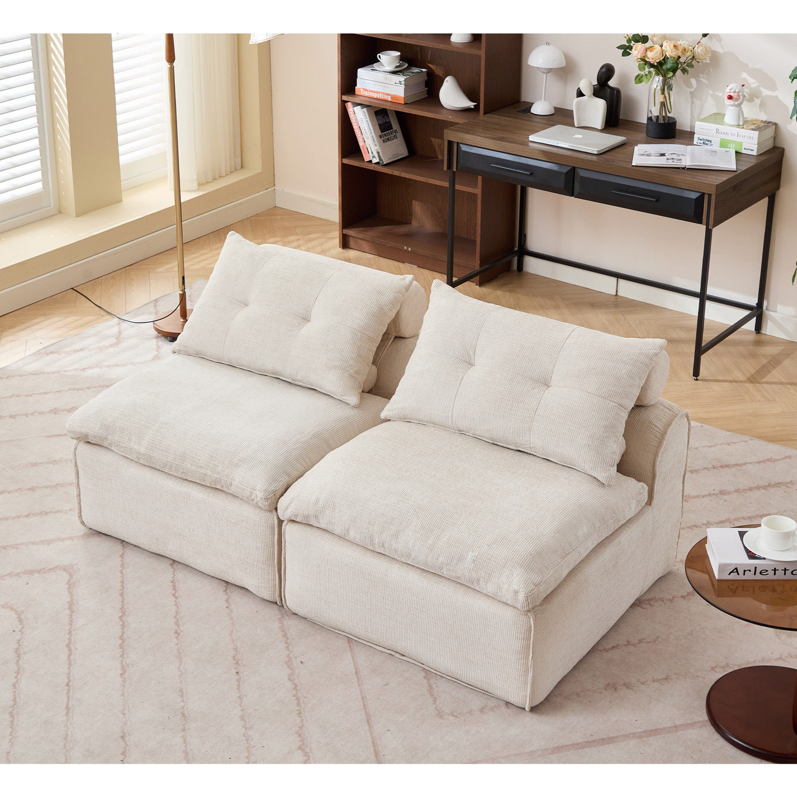 Modular Sofa Fabric,Neck Pillow-Back Lounge Sofa Chair Beige Sofa w/Pillow