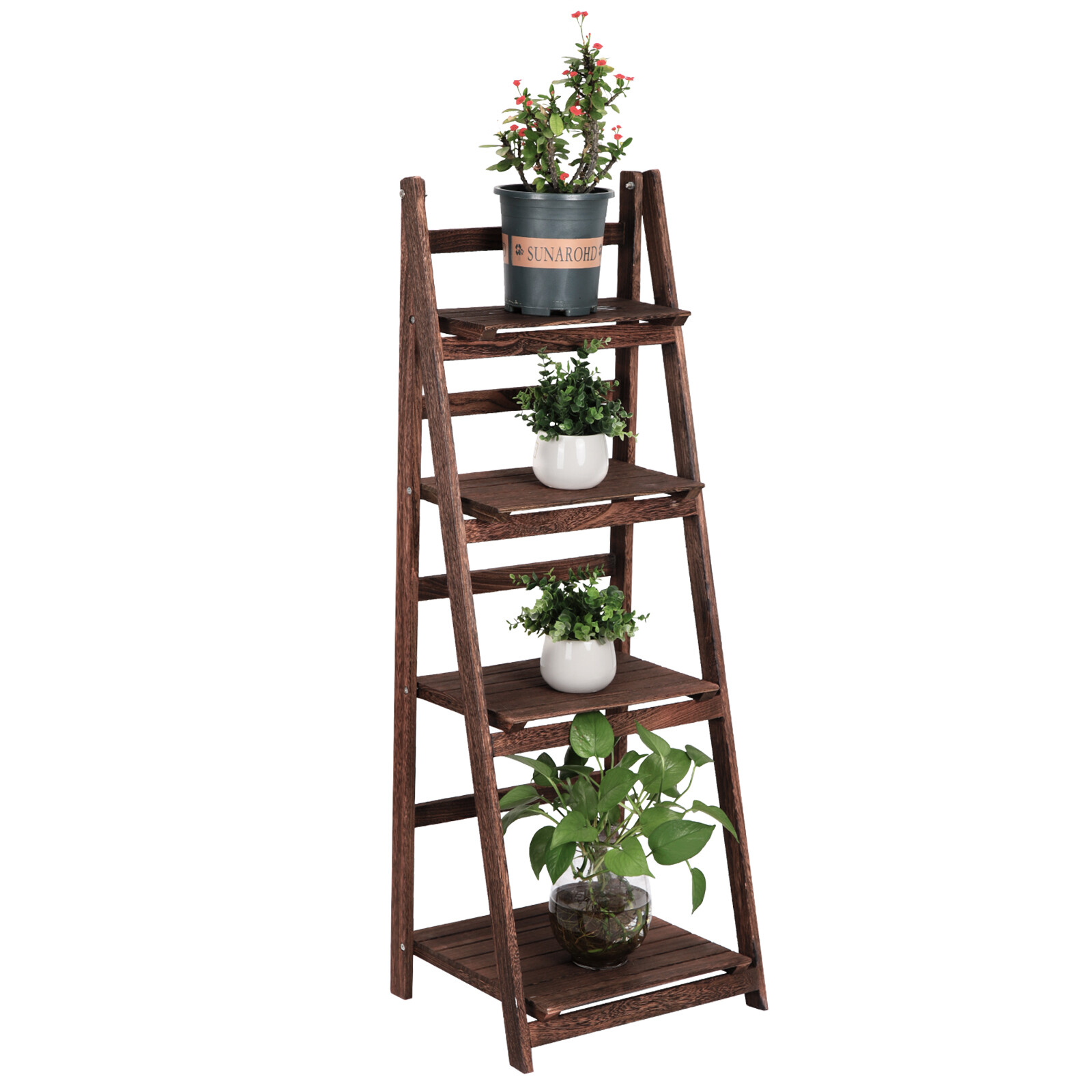 4 Tier Foldable Ladder Bookshelf Rack Vintage Plant Stand Display Shelf Storage