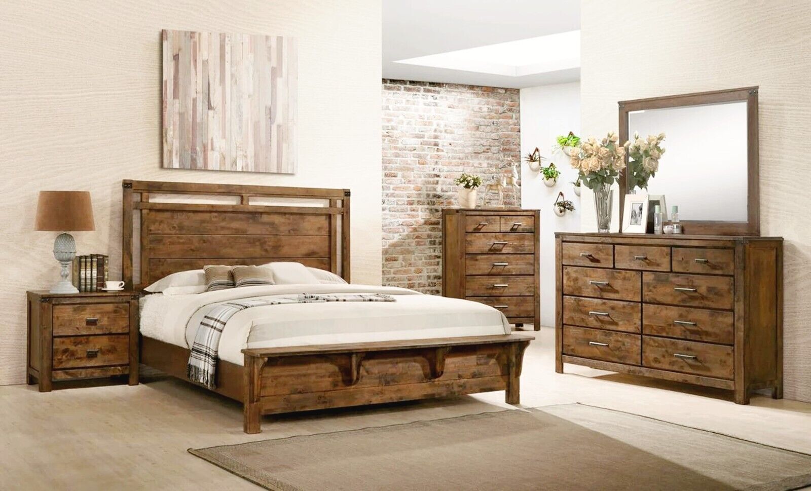 NEW Brown Queen King 5PC Rustic Bedroom Set Solid Wood Furniture Bed/D/M/N/C