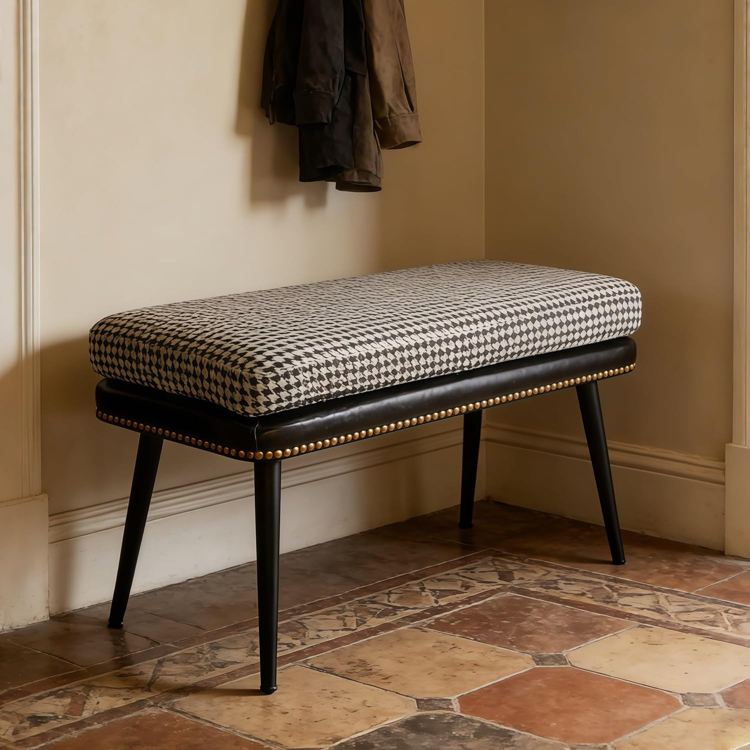 32″ Retro Upholstered Entryway Bench, Leather & Fabric Shoe Bench with Removable