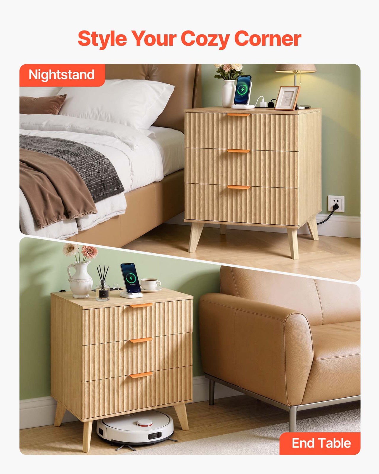 VEVOR Fluted Nightstand with Charging Station 3 Drawers Dresser for Bedroom