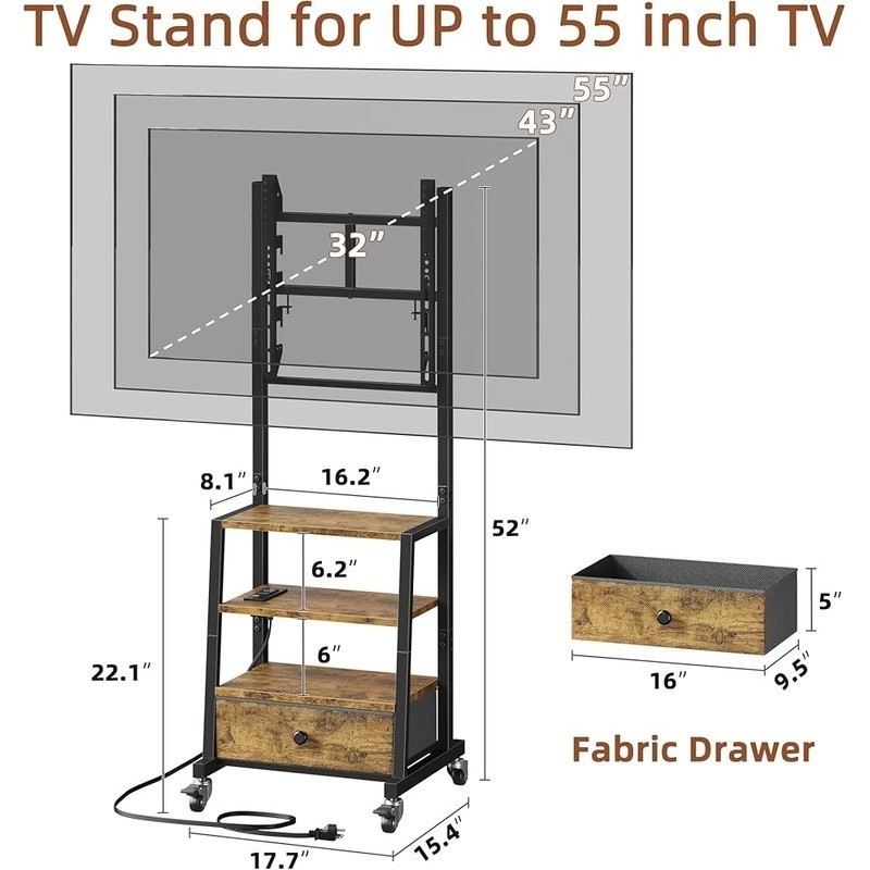 Mobile TV Stand Adjustable Height Entertainment Center W/ Storage Drawer New