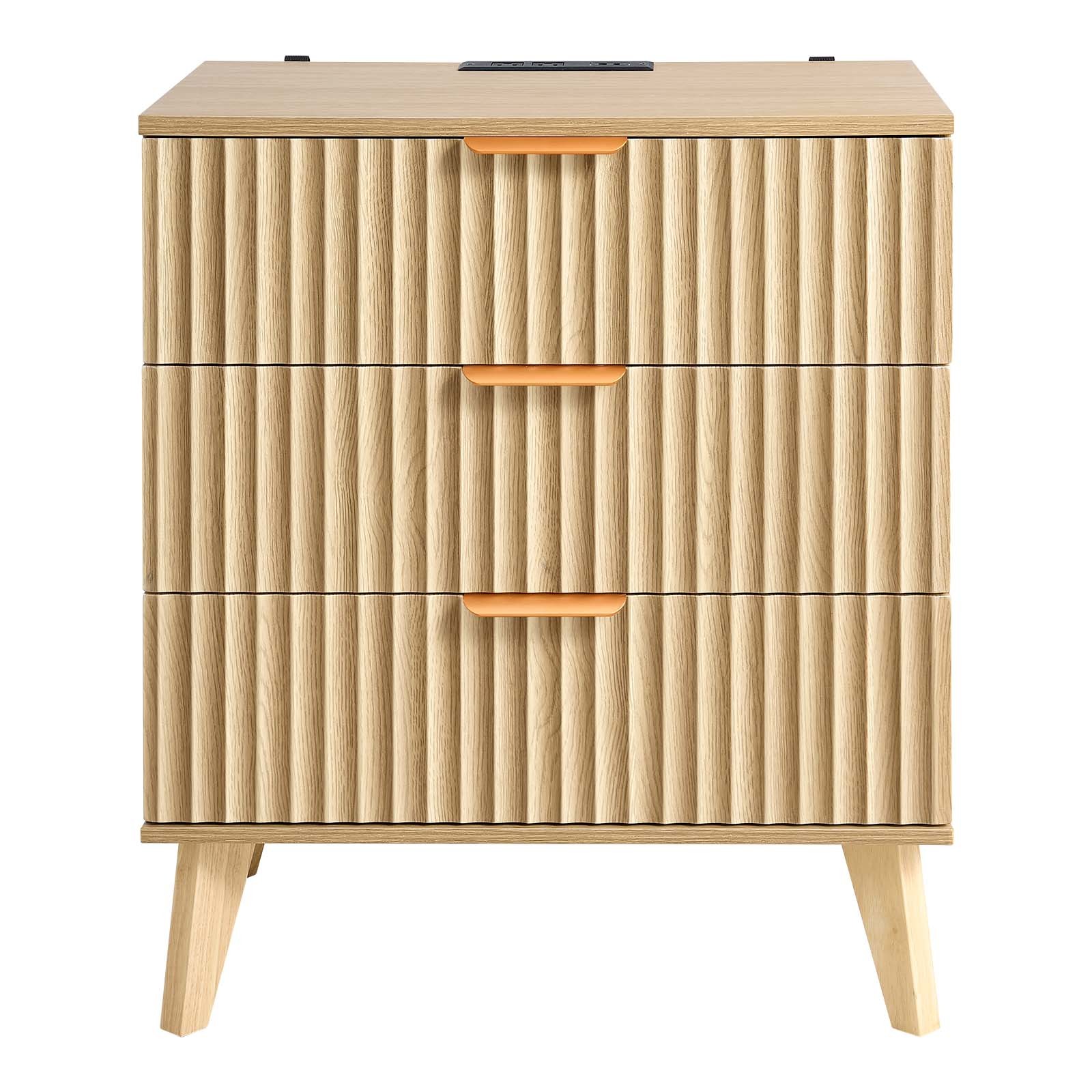 VEVOR Fluted Nightstand with Charging Station 3 Drawers Dresser for Bedroom