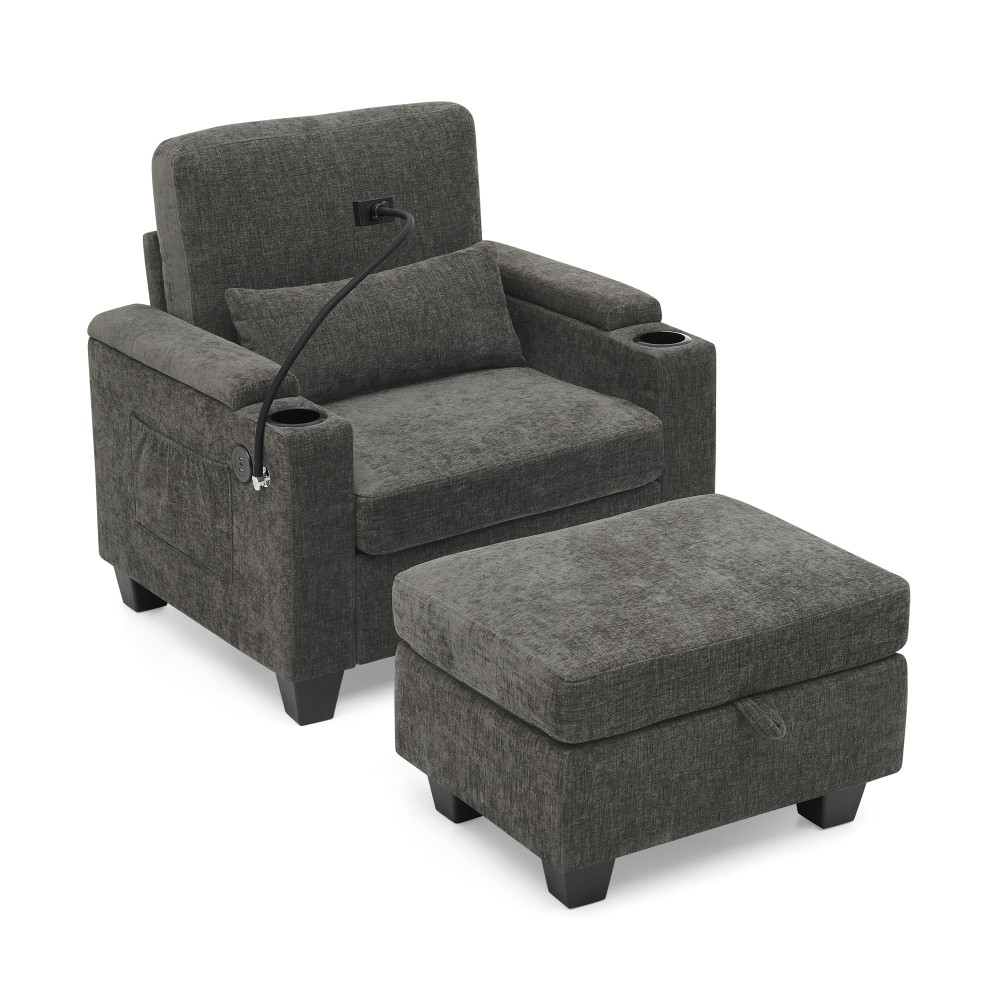 Manual Gray Recliner Sofa Chair with USB Port, Cup Holders & Ottoman