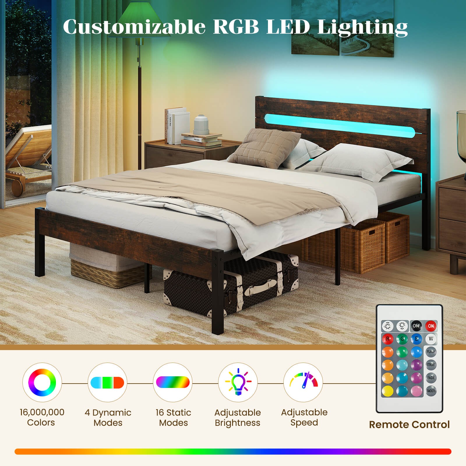 Full Size Bed Frame w/Built-in Charging Station Sturdy Mattress Foundation