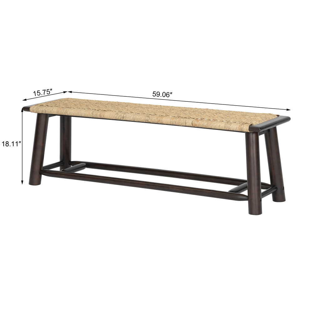 Solid Wood Rattan Bench Seating Walnut Finish Bench Dining Room Entryway Bench