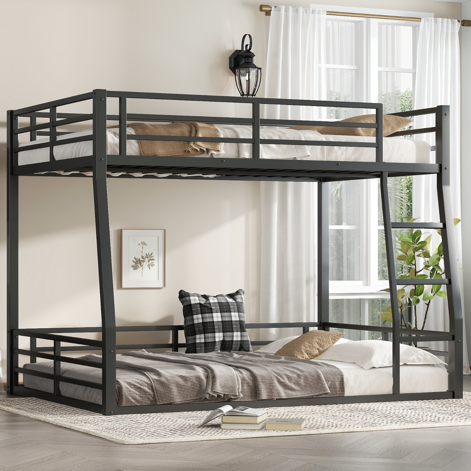 Metal Bunk Bed Full XL Over Queen Bed Frame W/ Guardrails for Teens Adults Black