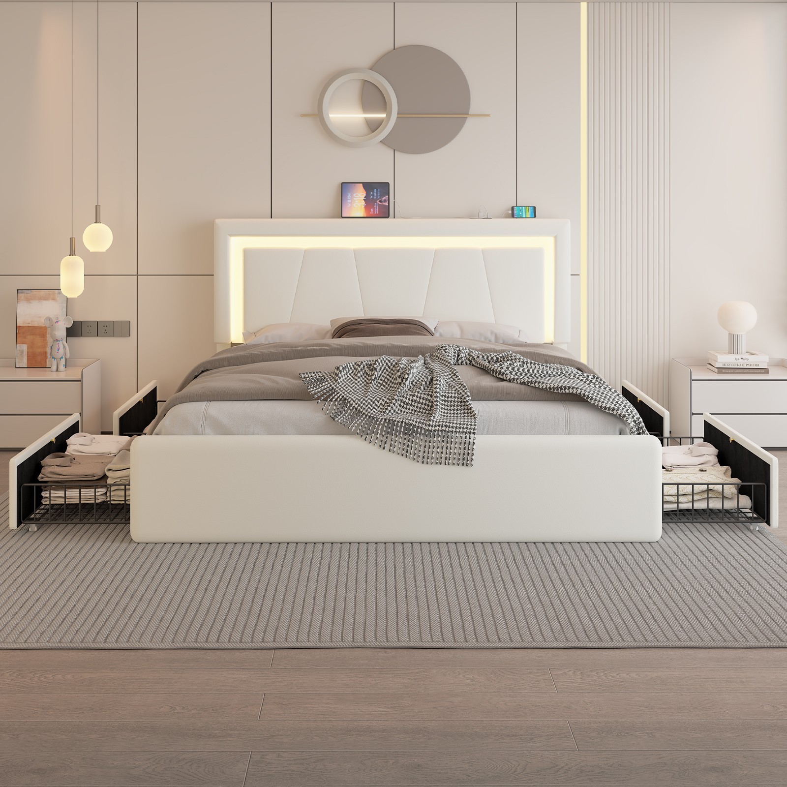 Full/Queen Bed Frame with Upholstered LED Headboard＆4 Storage Drawer, Charging