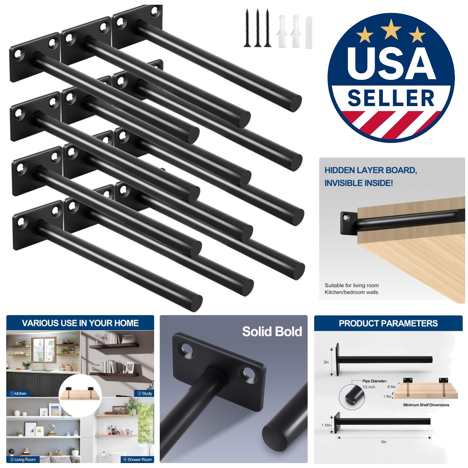 12 Pack 6-Inch Powder Coated Black Floating Shelf Brackets – Invisible Support