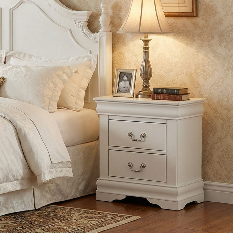 Traditional Solid Wood Nightstand with 2 Drawers in Black / Dark Cherry / White