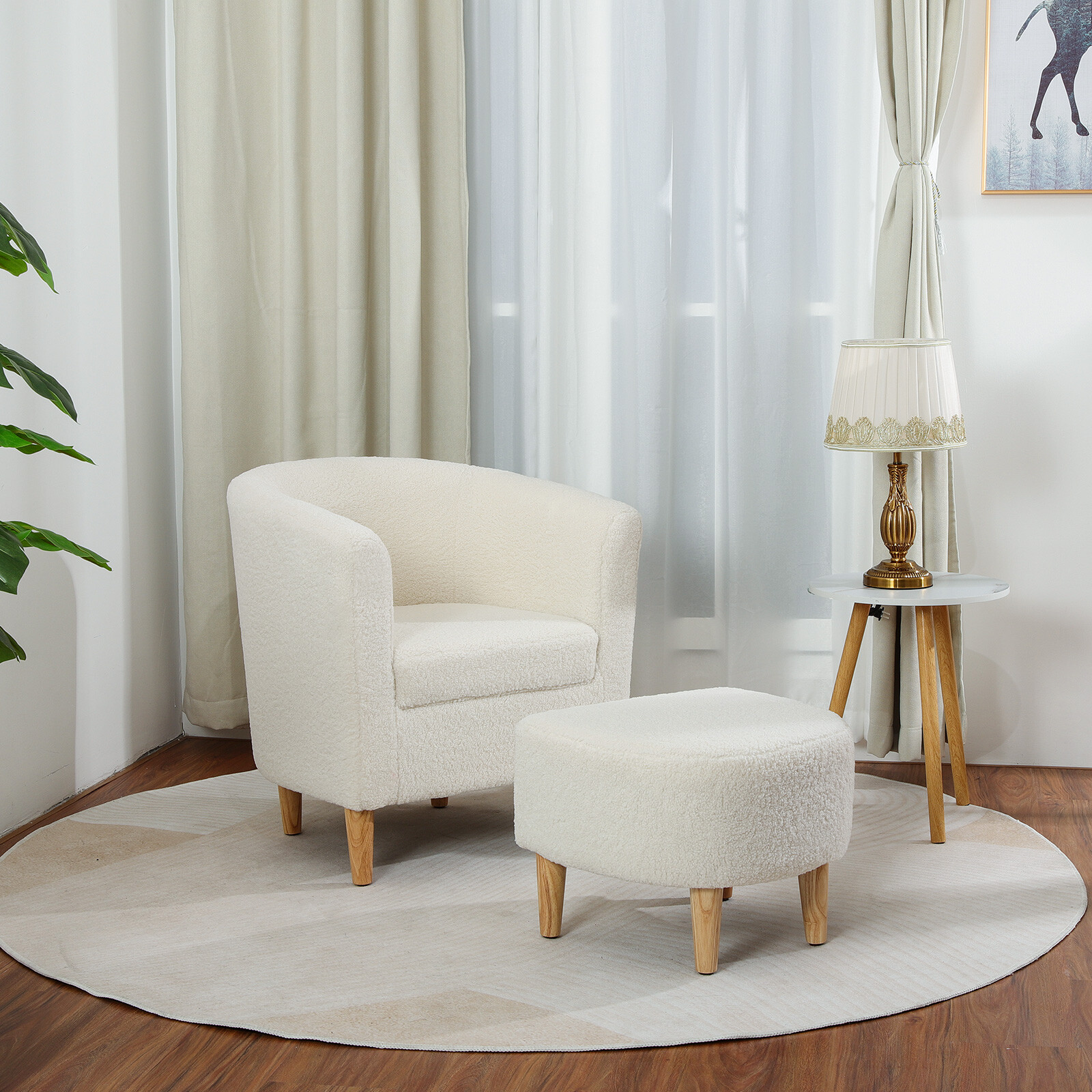 Arm Chair Linen Fabric Accent Upholstered Single Sofa With Ottoman Living Room