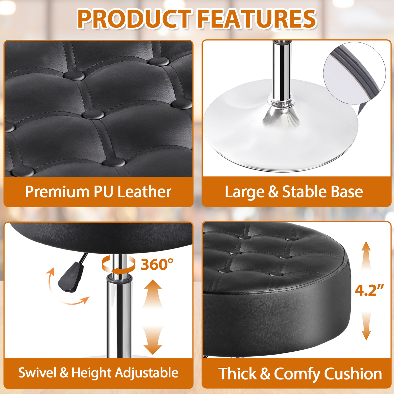 Adjustable Round Ottoman Stool Vanity Stool PU Leather Swivel Makeup Stool Black