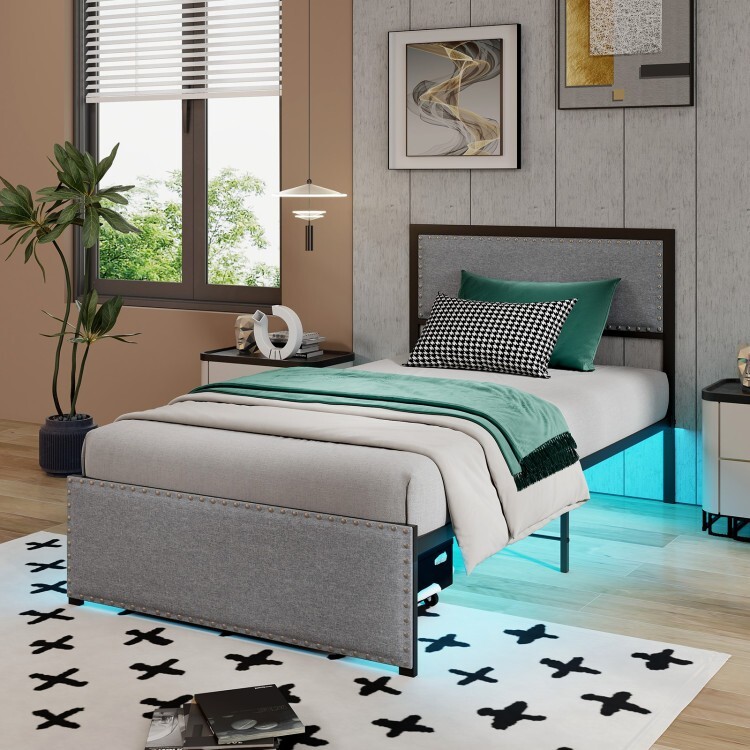 Twin Size Platform Bed Frame Headboard Upholstered w/Rolling Drawer & Metal Slat