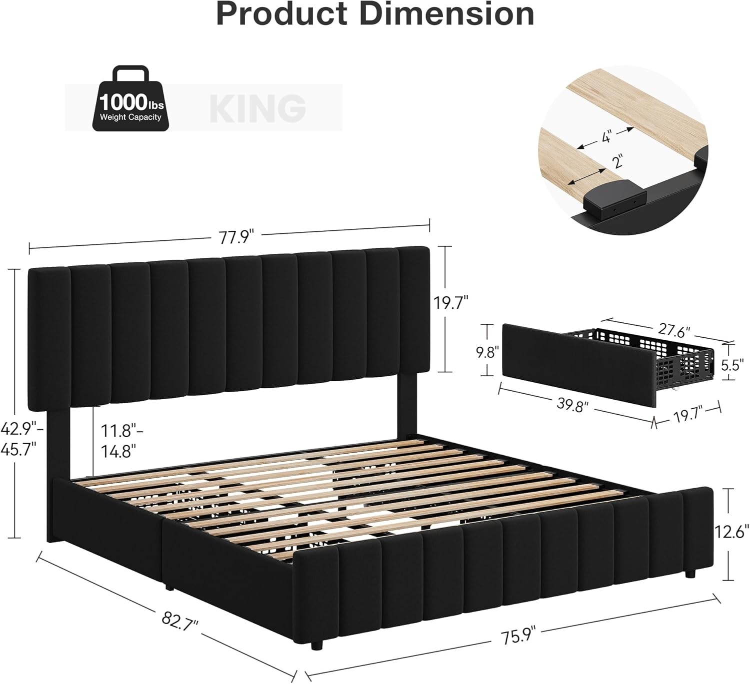 Full Queen King Size Linen Upholstered Platform Bed Frame with 4 Storage Drawers