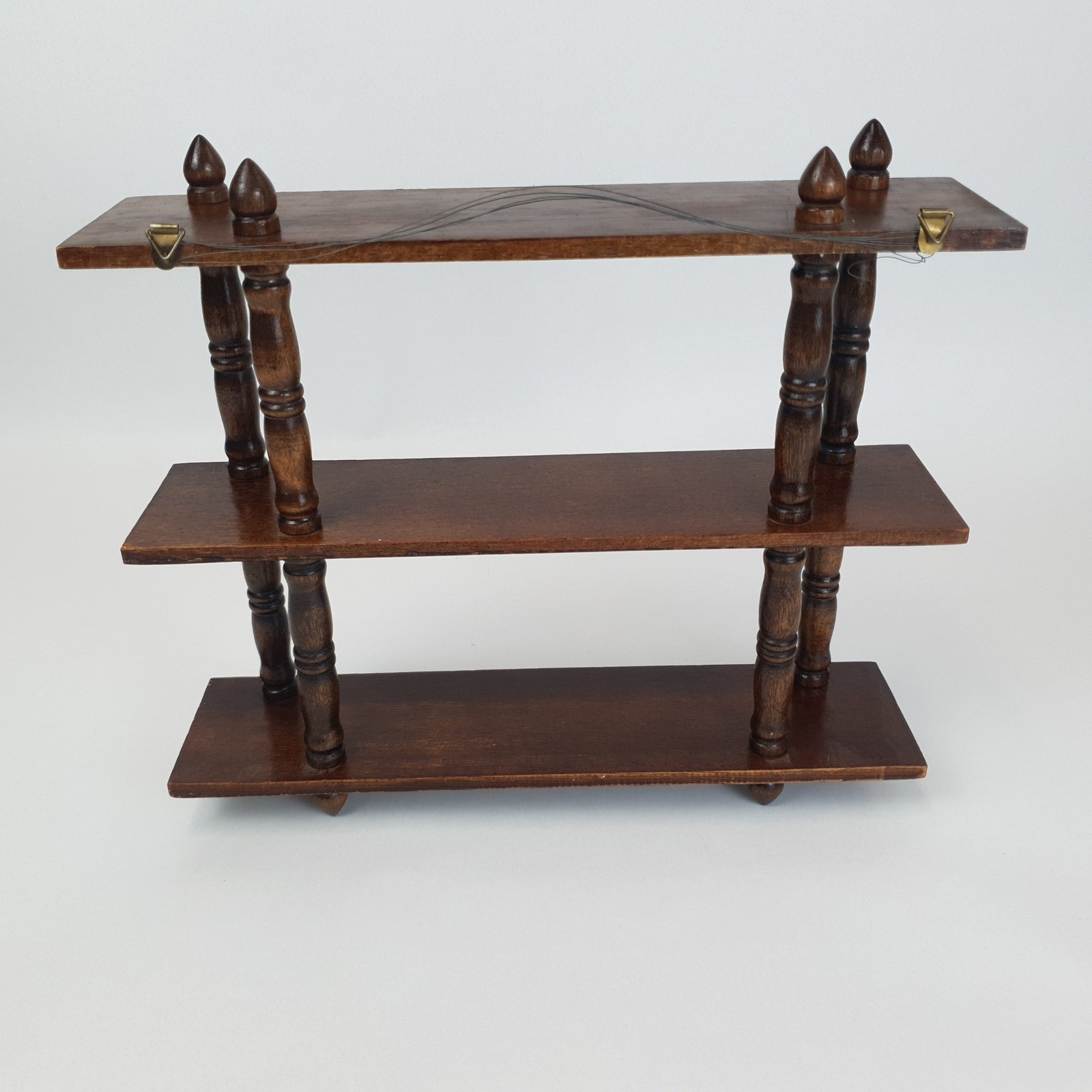 Vintage Wood Spindle Wall Shelf 3 Tier Mid Century Curio Display Dark Brown 12in