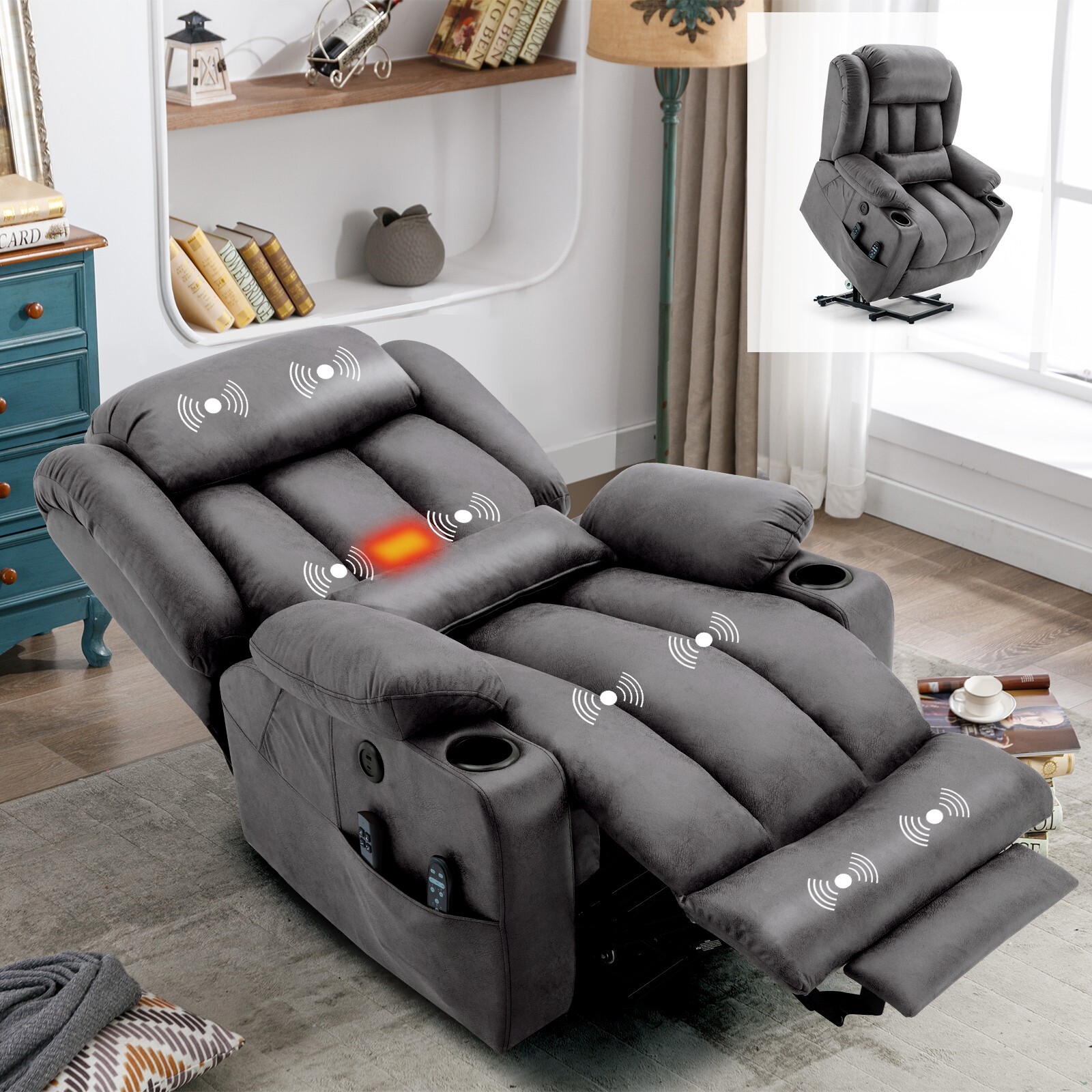 Lay Flat Power Lift Recliner for Big Tall Man w/Heat Massage & Extended Footrest