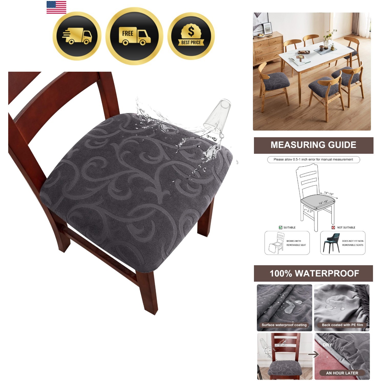 Chair Seat Covers Waterproof Dining Room Chair Covers 4 Pack Stretch Seat Cov…
