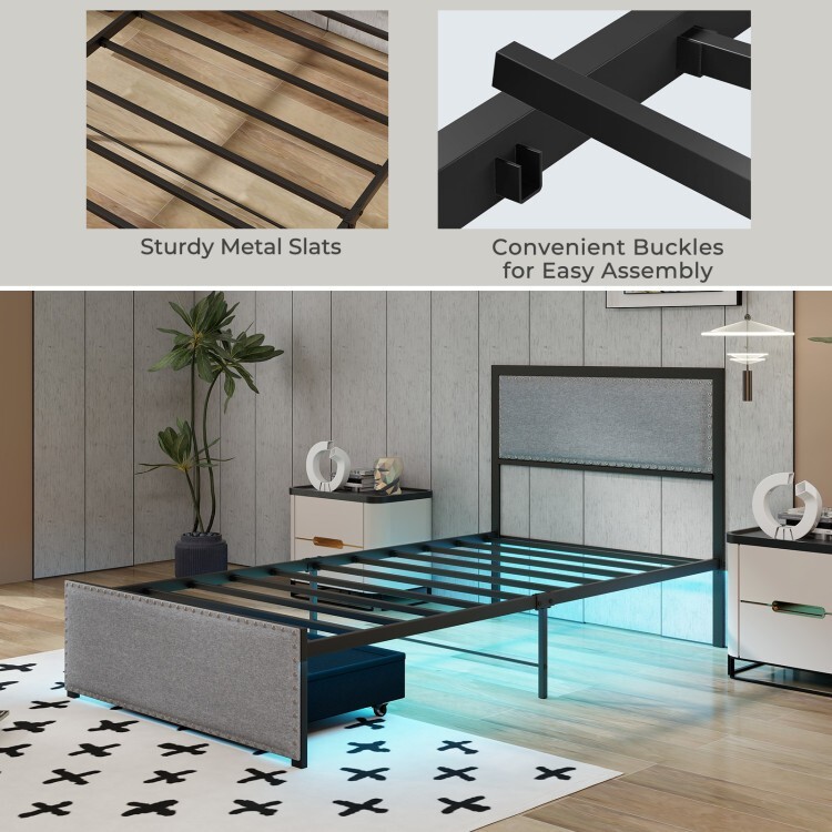 Twin Size Platform Bed Frame Headboard Upholstered w/Rolling Drawer & Metal Slat