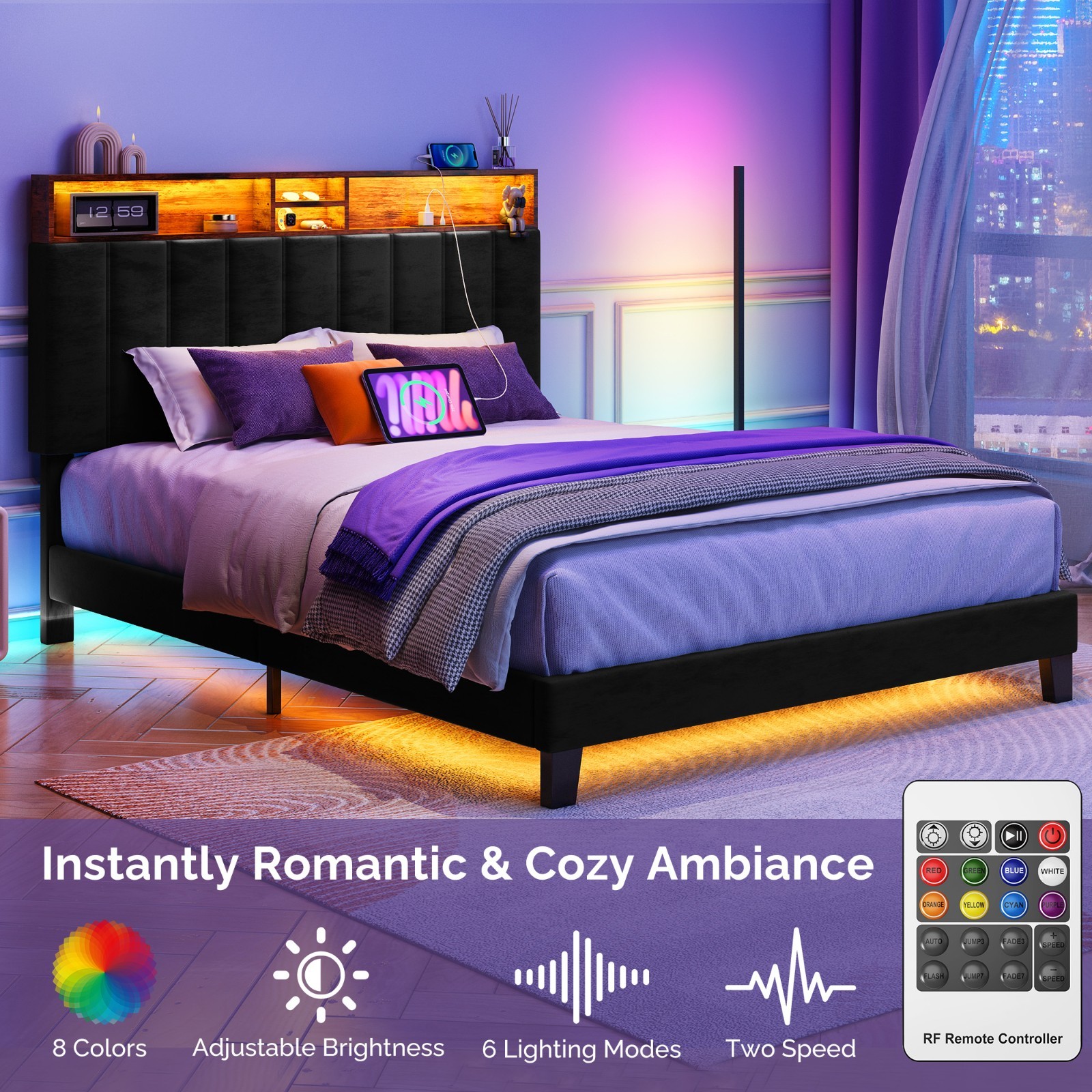 Metal Bed Frame with LED Light & Storage Headboard & Charging Full Queen Size