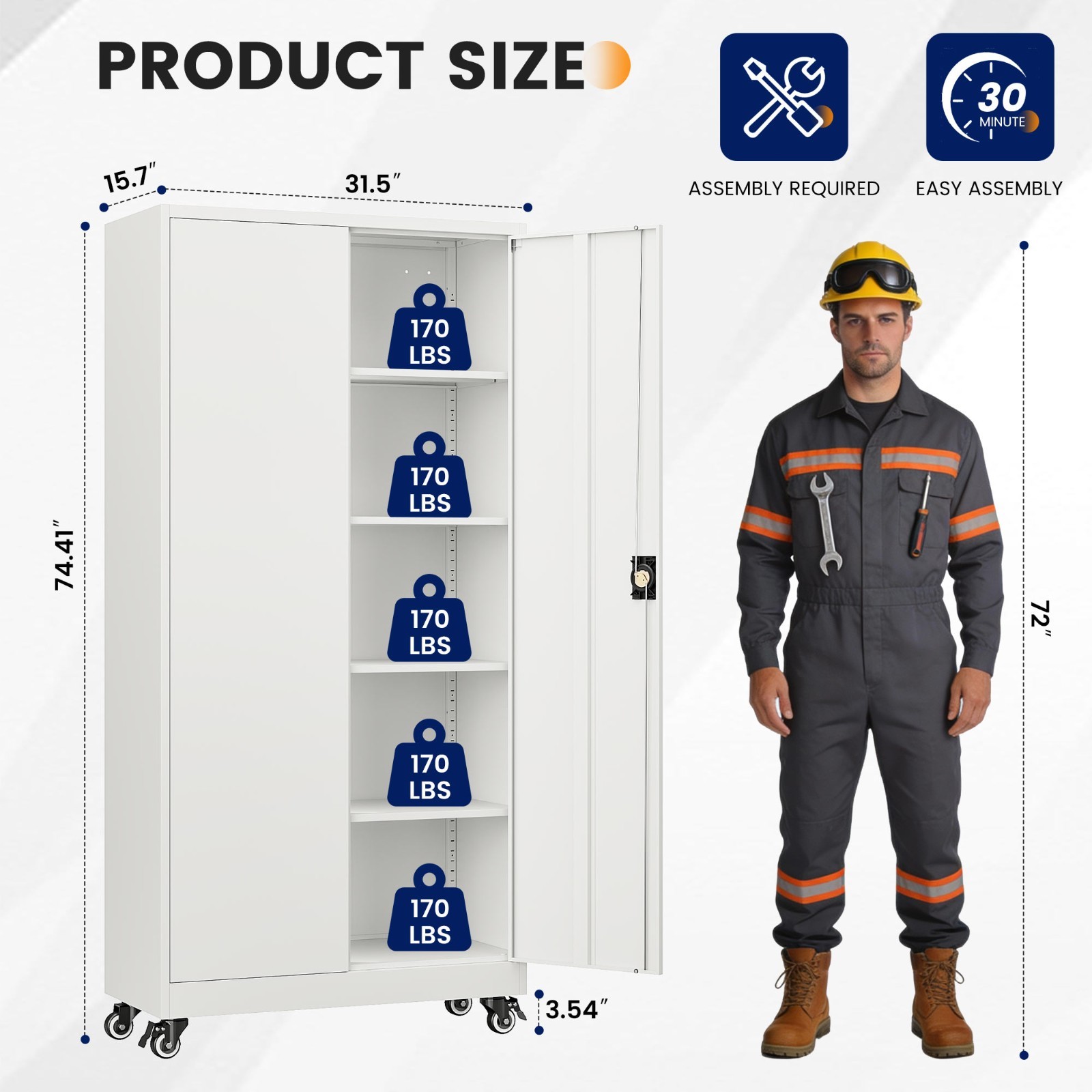 75″ Rolling Metal Garage Cabinet with Locking&Adjustable Shelves for Home/Garage