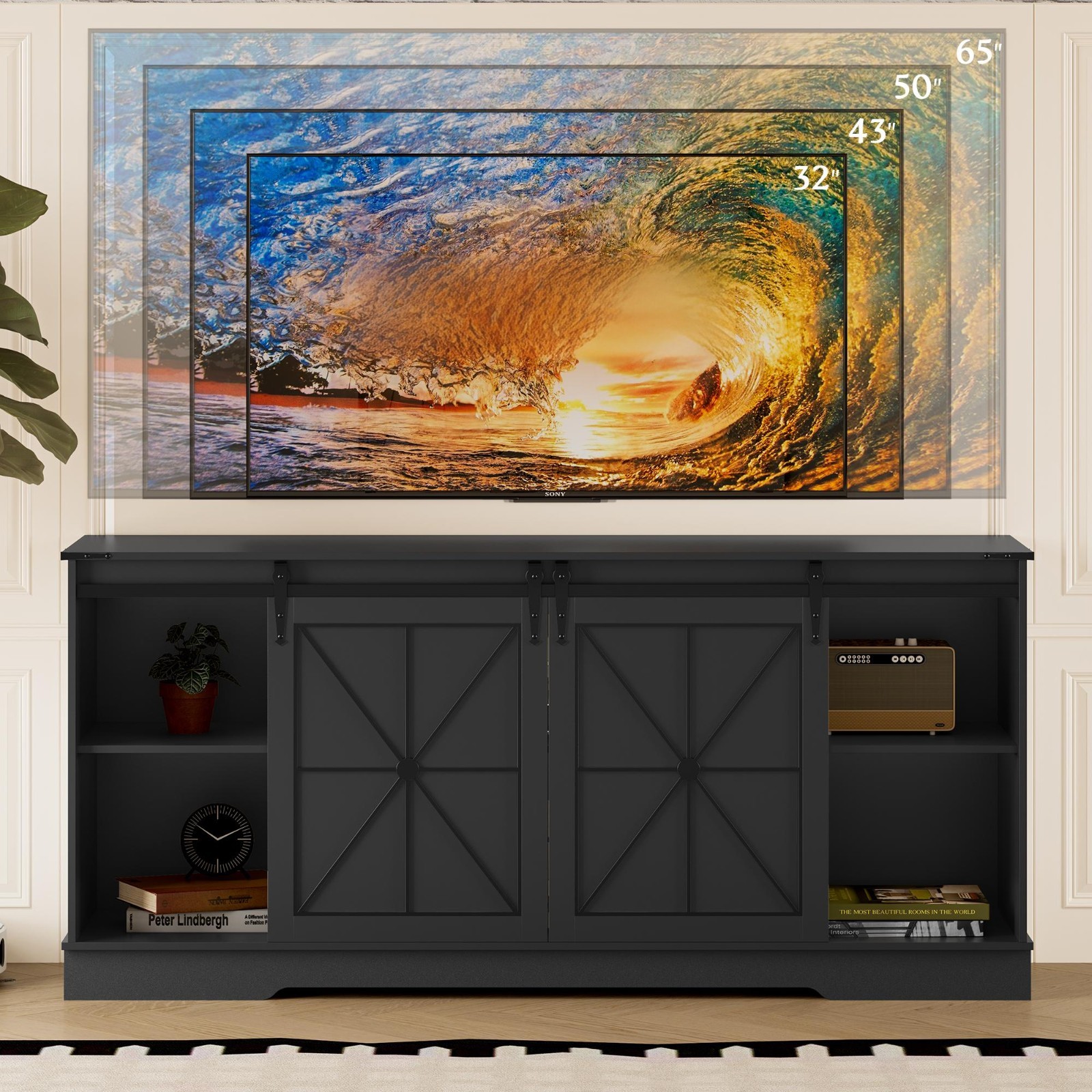Farmhouse TV Stand with Storage Cabinets & Sliding Doors for 65/60/55 Inch TVs