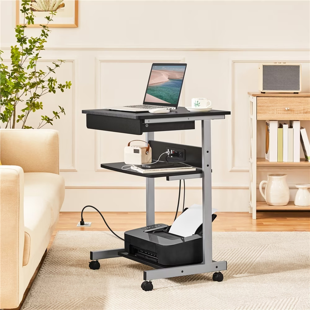 22in Rolling Laptop Computer Table with Power Outlet for Home, Black