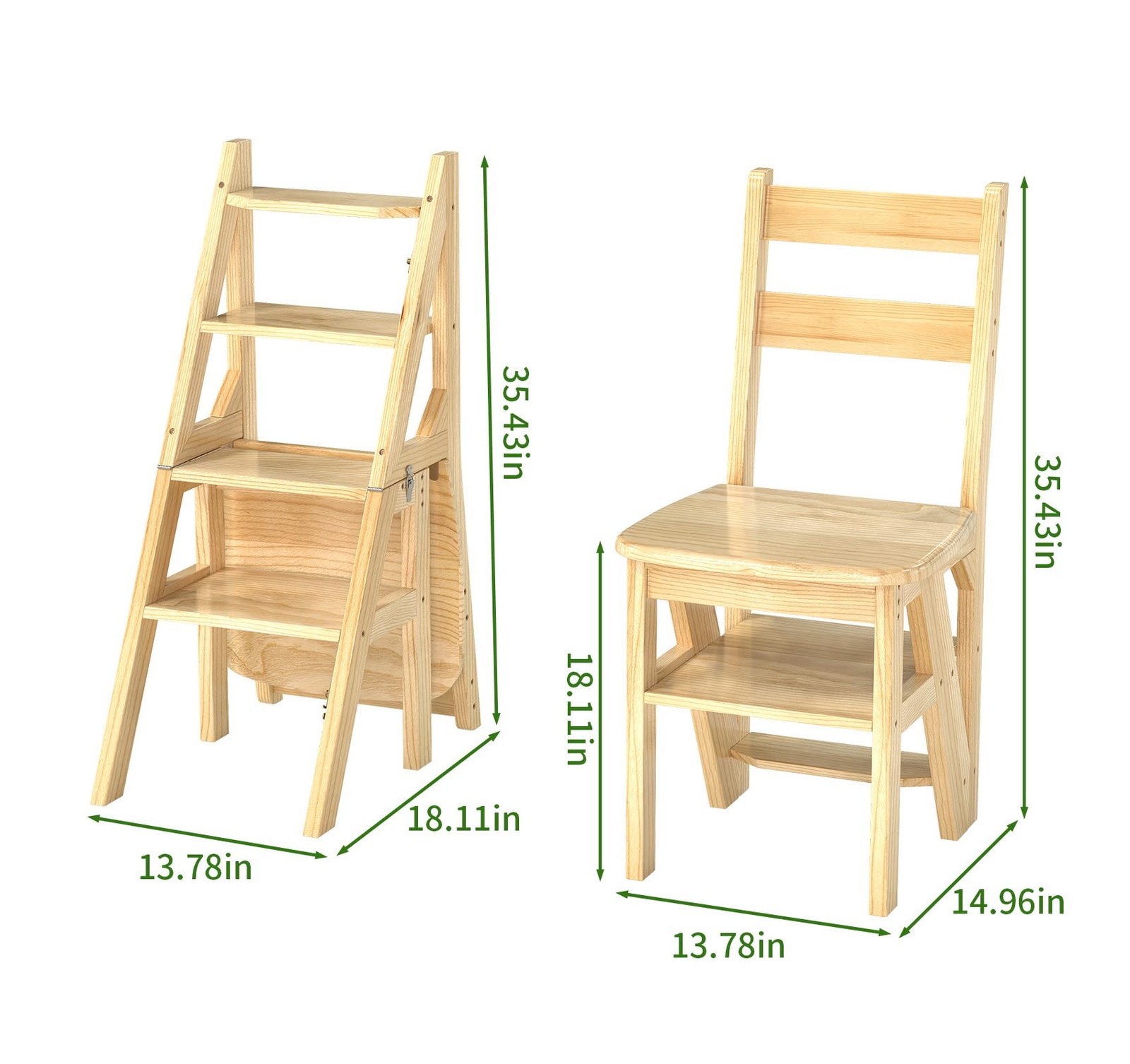 Library Ladder 4 Tier Folding Step Stool Chair 3-in-1 Multi-Functional Wood S…