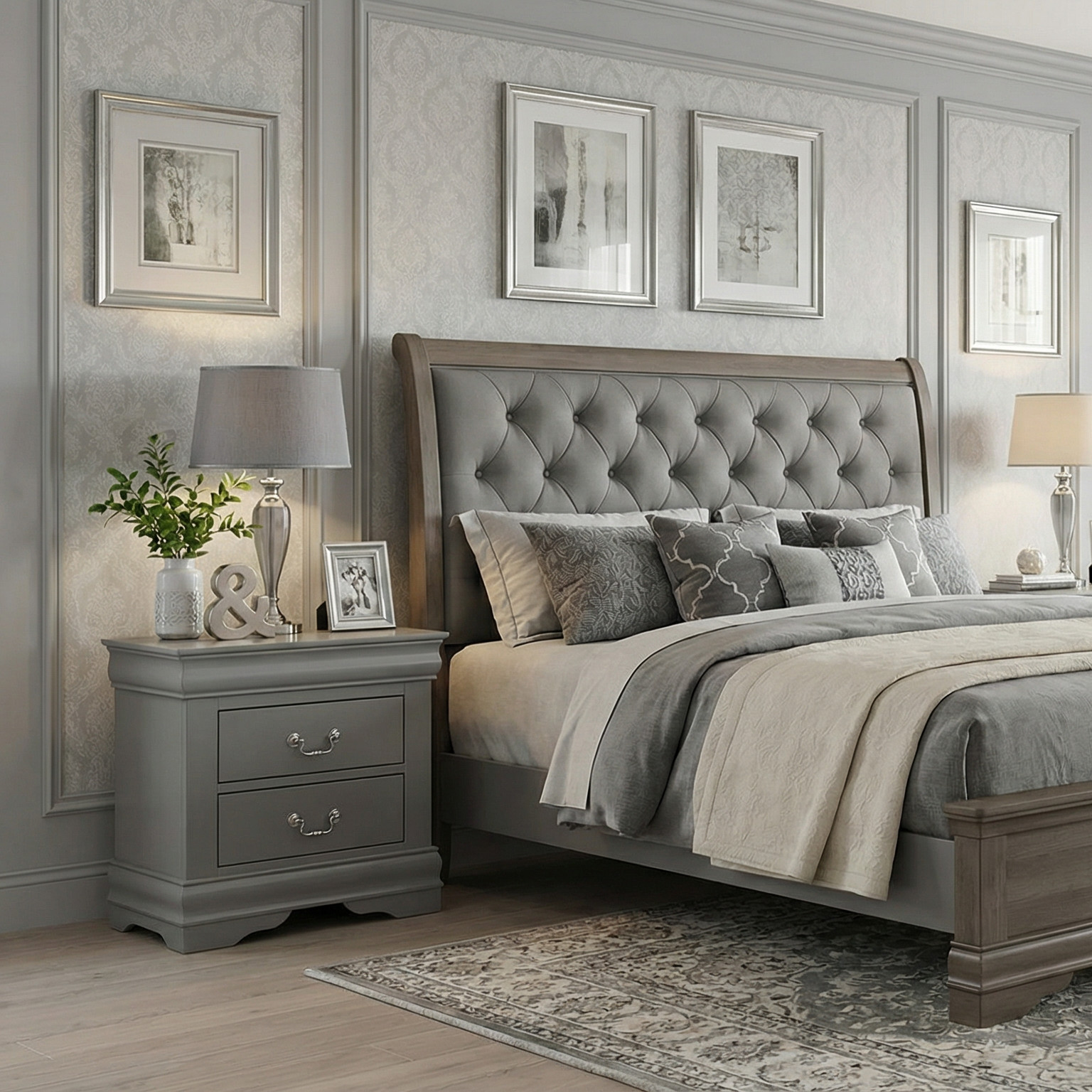 Traditional Solid Wood Nightstand with 2 Drawers in Black / Dark Cherry / White