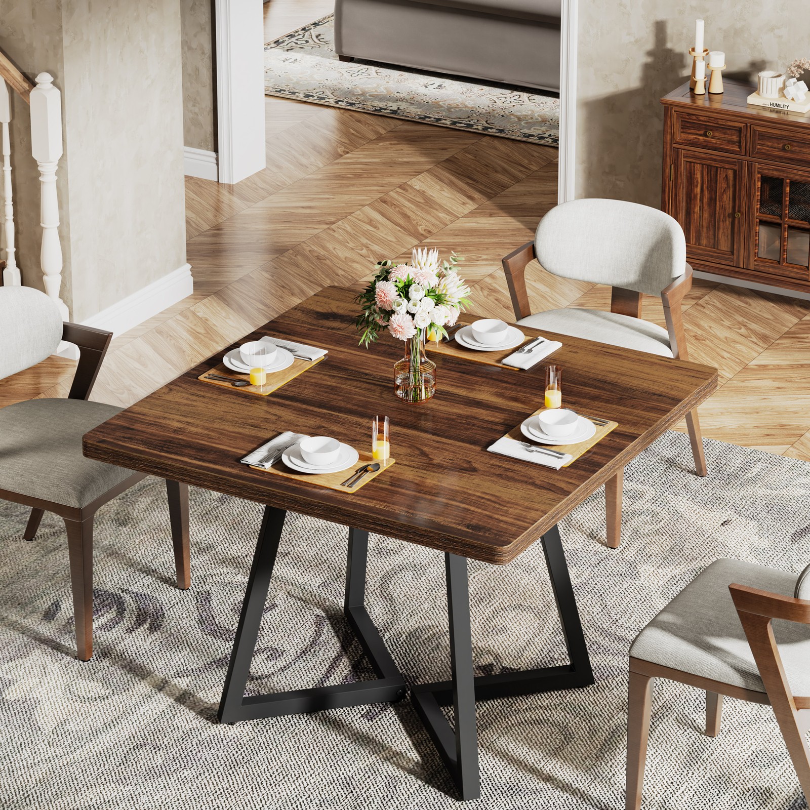 Square Dining Table for 4, 31.5” Farmhouse Wooden Kitchen Table with Metal Base
