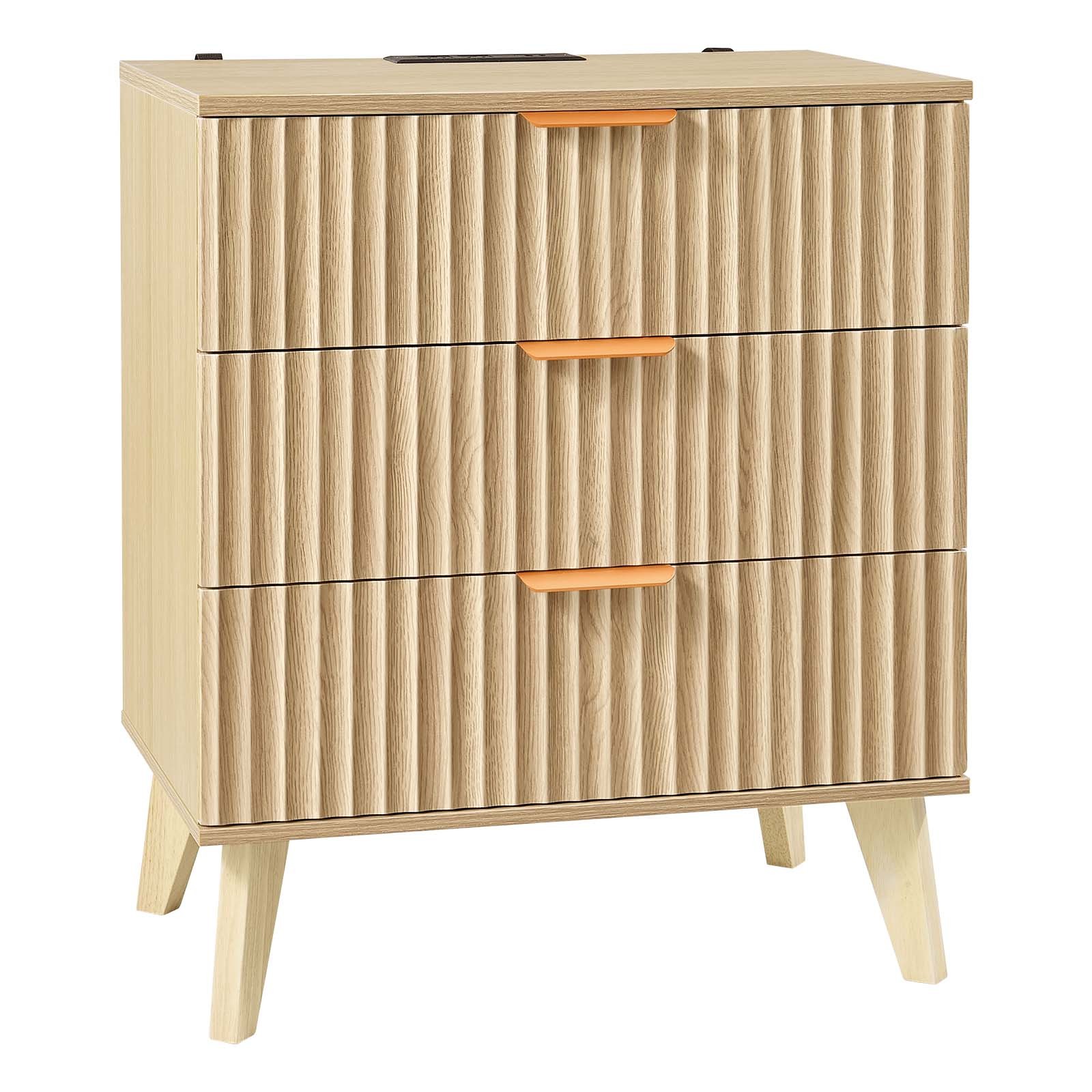VEVOR Fluted Nightstand with Charging Station 3 Drawers Dresser for Bedroom