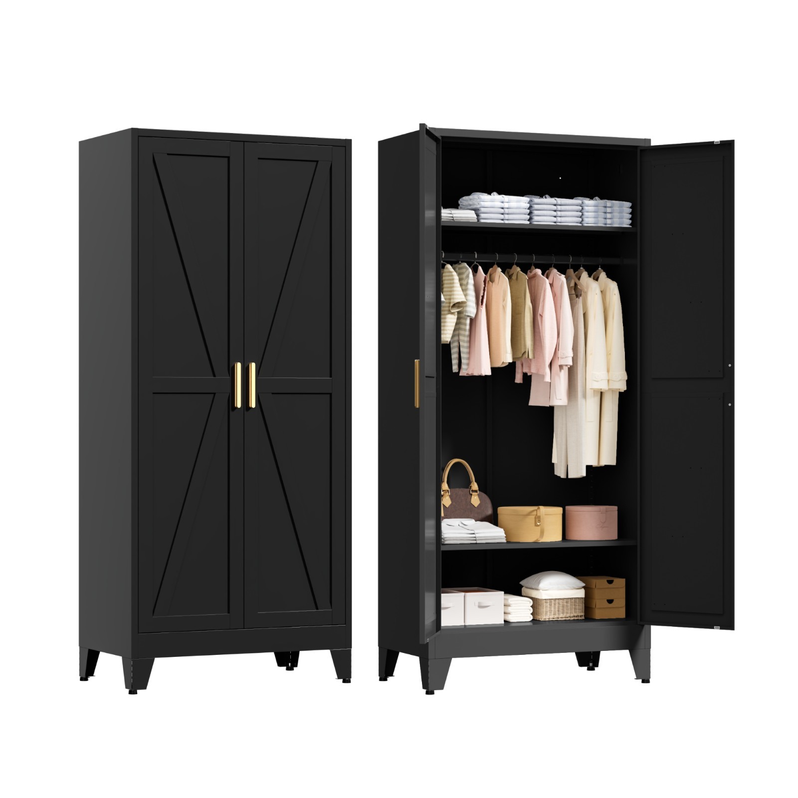 Cofar 71″H Farmhouse Metal Armoire Wardrode Closet With Barn Doors For Bedroom
