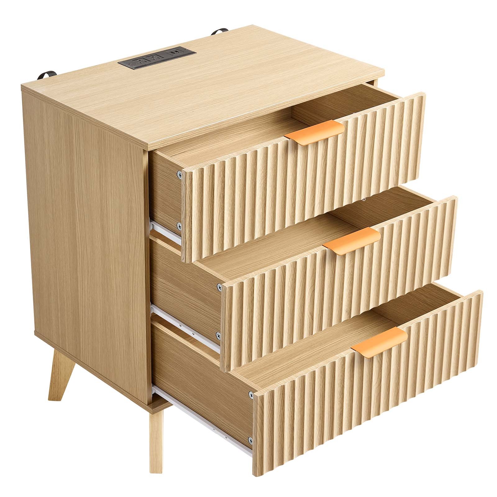 VEVOR Fluted Nightstand with Charging Station 3 Drawers Dresser for Bedroom