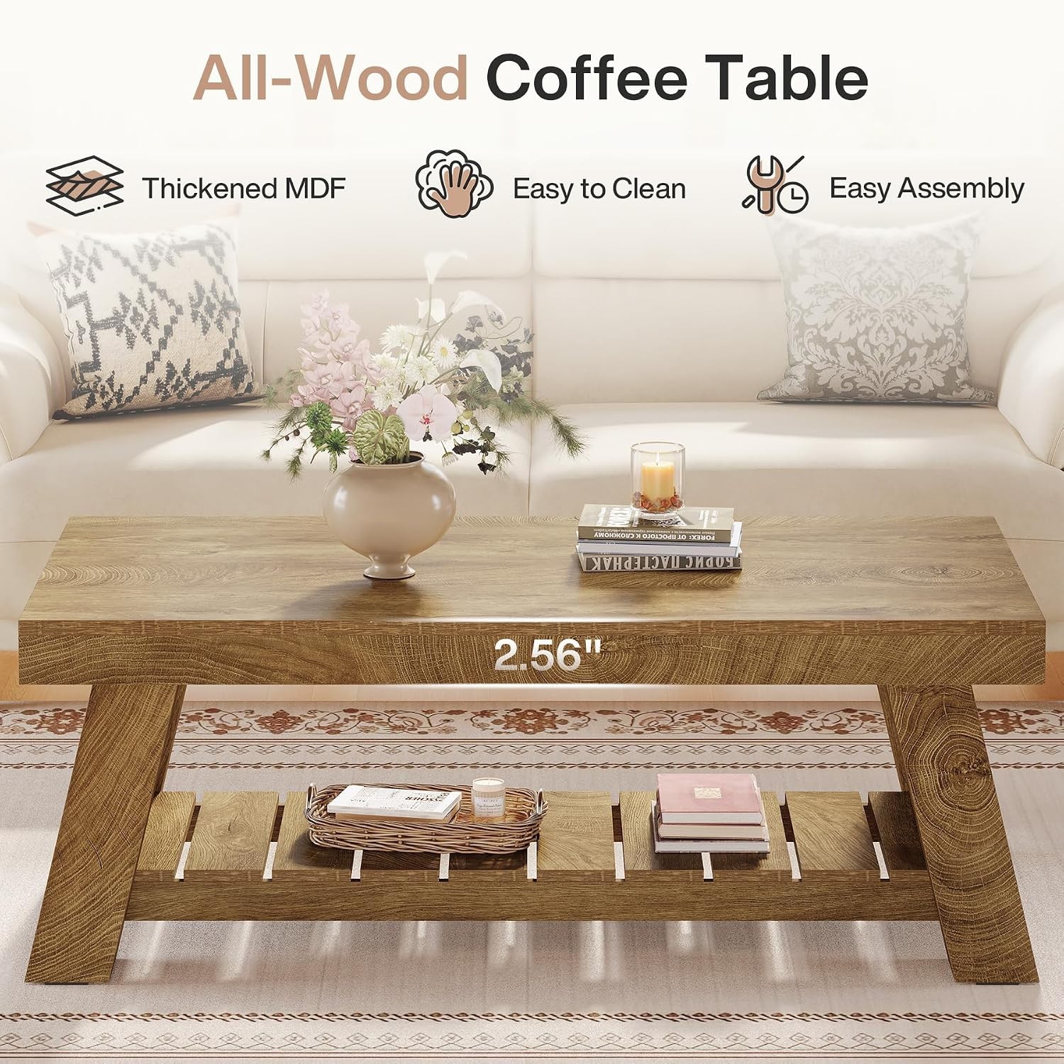 47.24” Modern Coffee Table Rectangular Center Tea Table with Storage Shelves