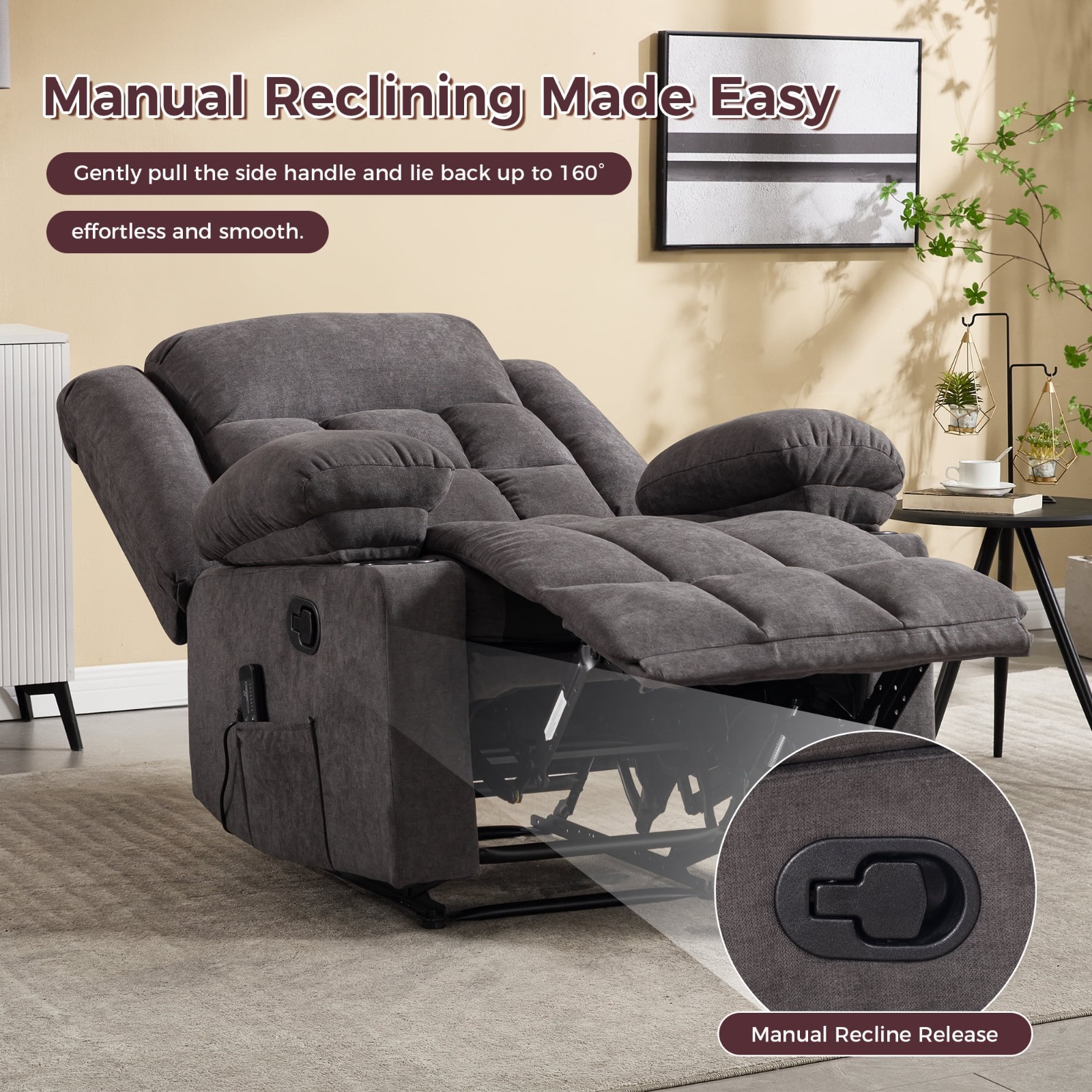 EBELLO Manual Recliner Chair with Massage & Heat, Cup Holders & Storage Pocket