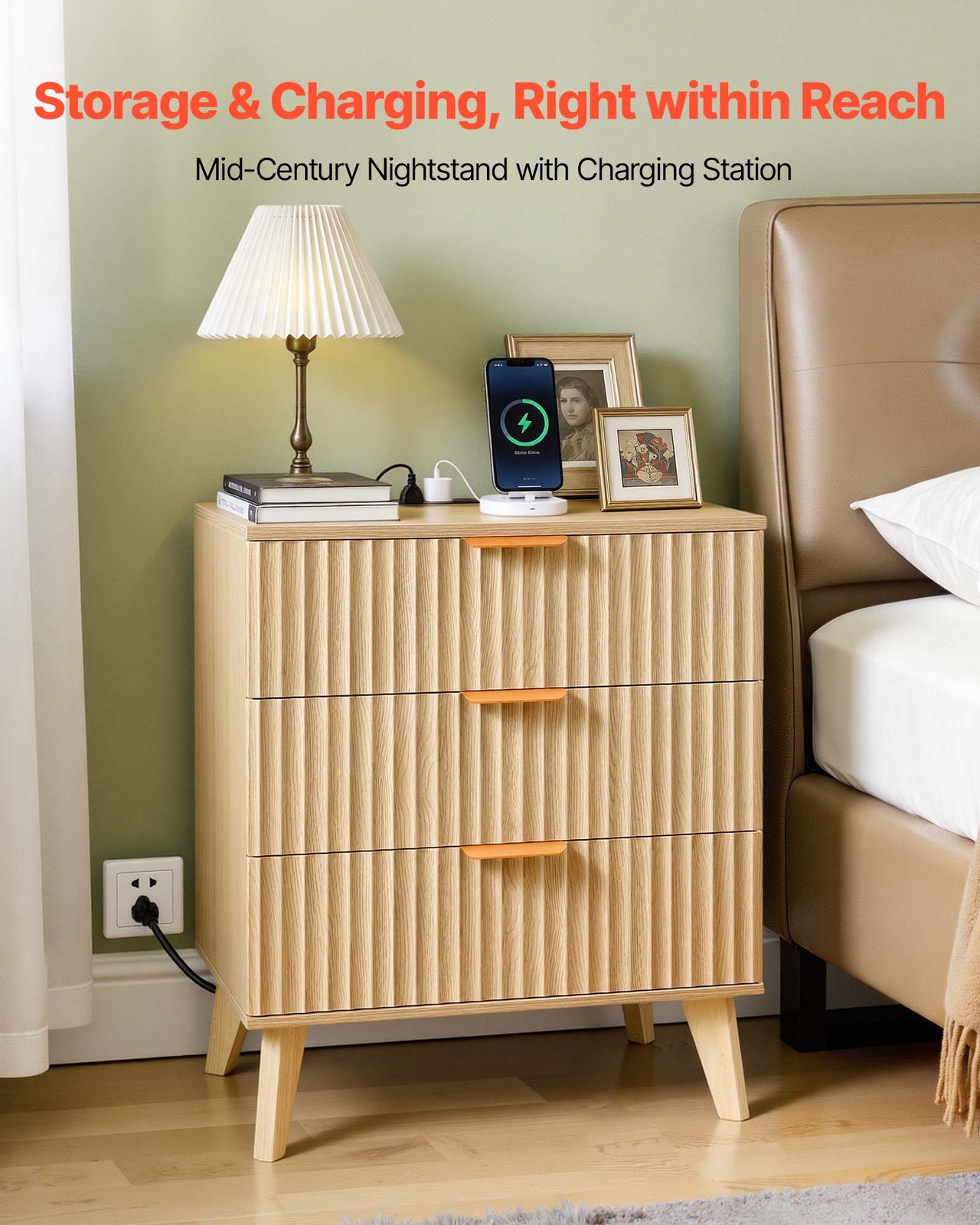 VEVOR Fluted Nightstand with Charging Station 3 Drawers Dresser for Bedroom