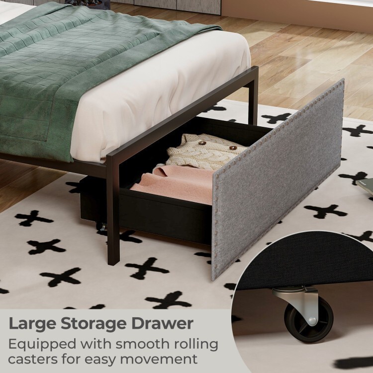 Twin Size Platform Bed Frame Headboard Upholstered w/Rolling Drawer & Metal Slat