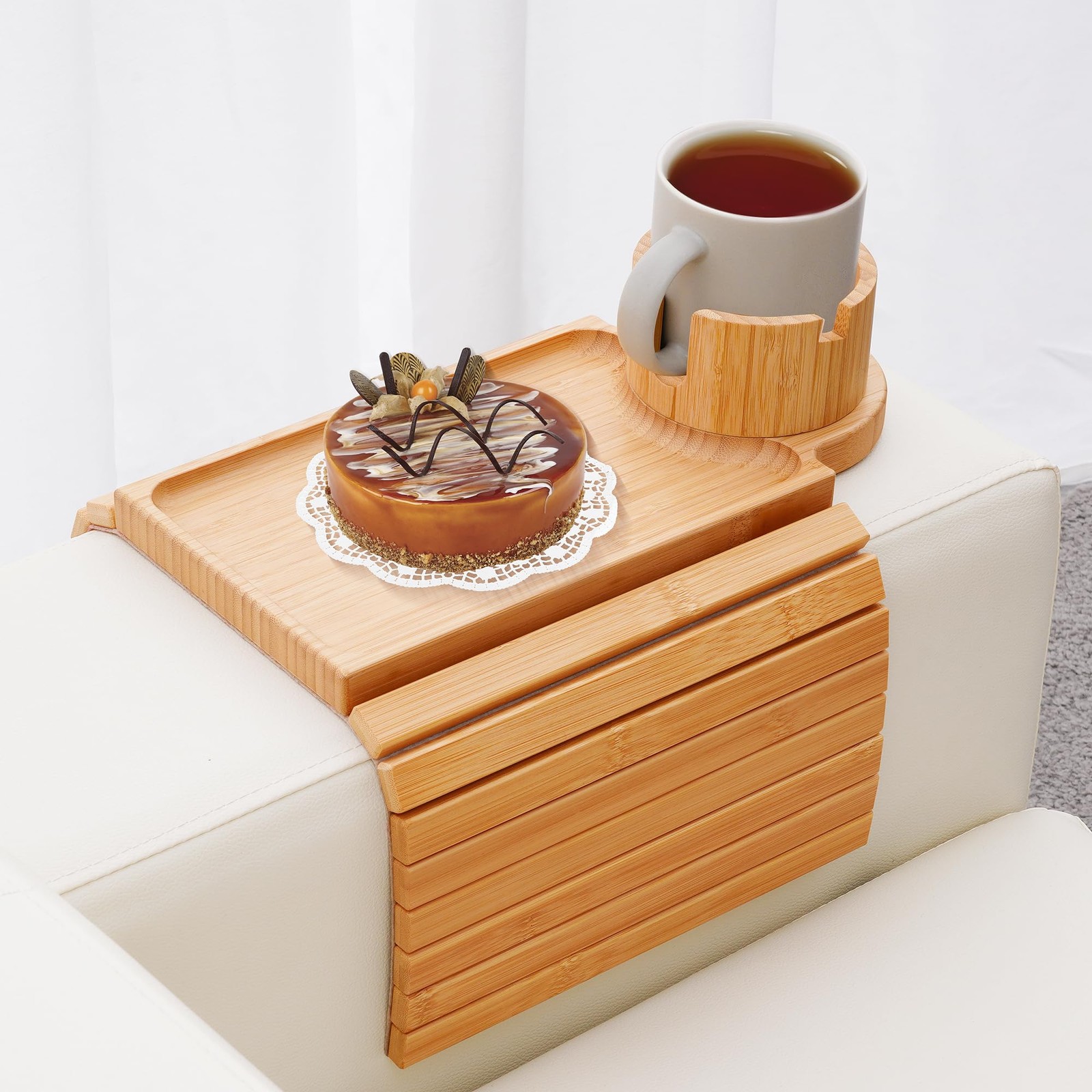 GHKINMAL Couch Cup Holder Tray, 3 in 1 Couch Arm Trays,Large Bamboo Chair Arm…