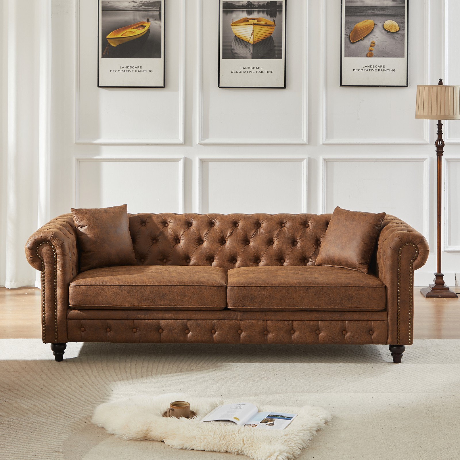 FX 85.5″Living Room with Tech Fabric Chesterfield Sofa with Rolled Arms 3 Seater