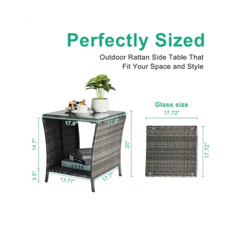 18in Wicker Side Table with Tempered Glass Top, Storage Rattan End Table – Gray