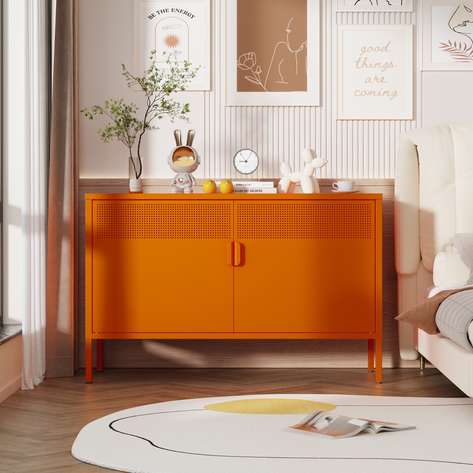 Orange Metal Mesh Accent Cabinet,2 Door TV Stand, Metal Storage Cabinet