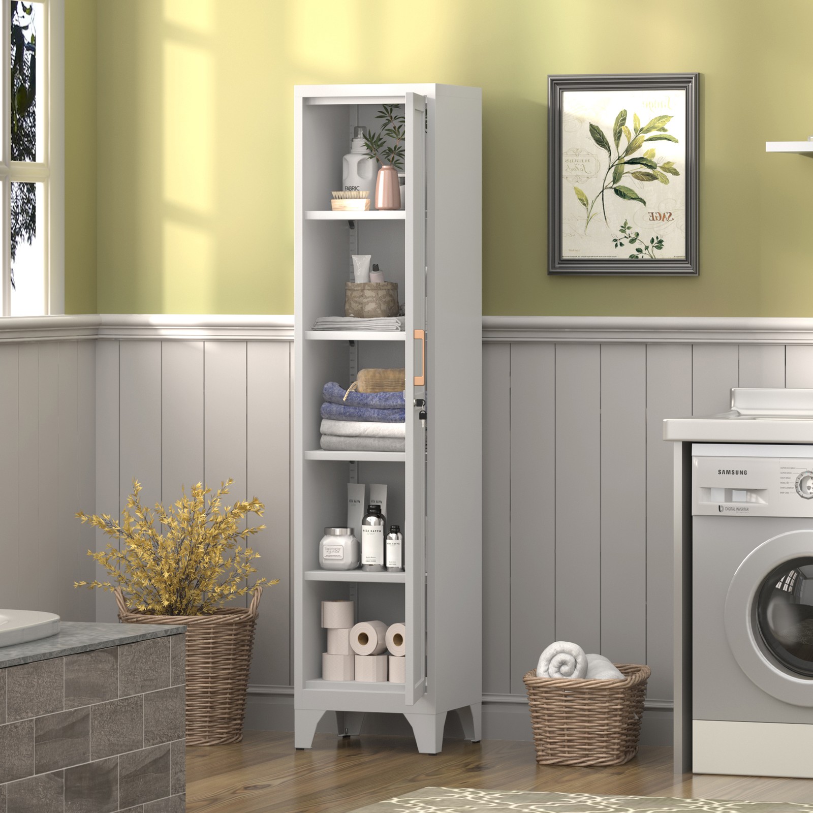 Metal Narrow Storage Cabinet,Farmhouse Pantry Utility Cabinet for Kitchen Office