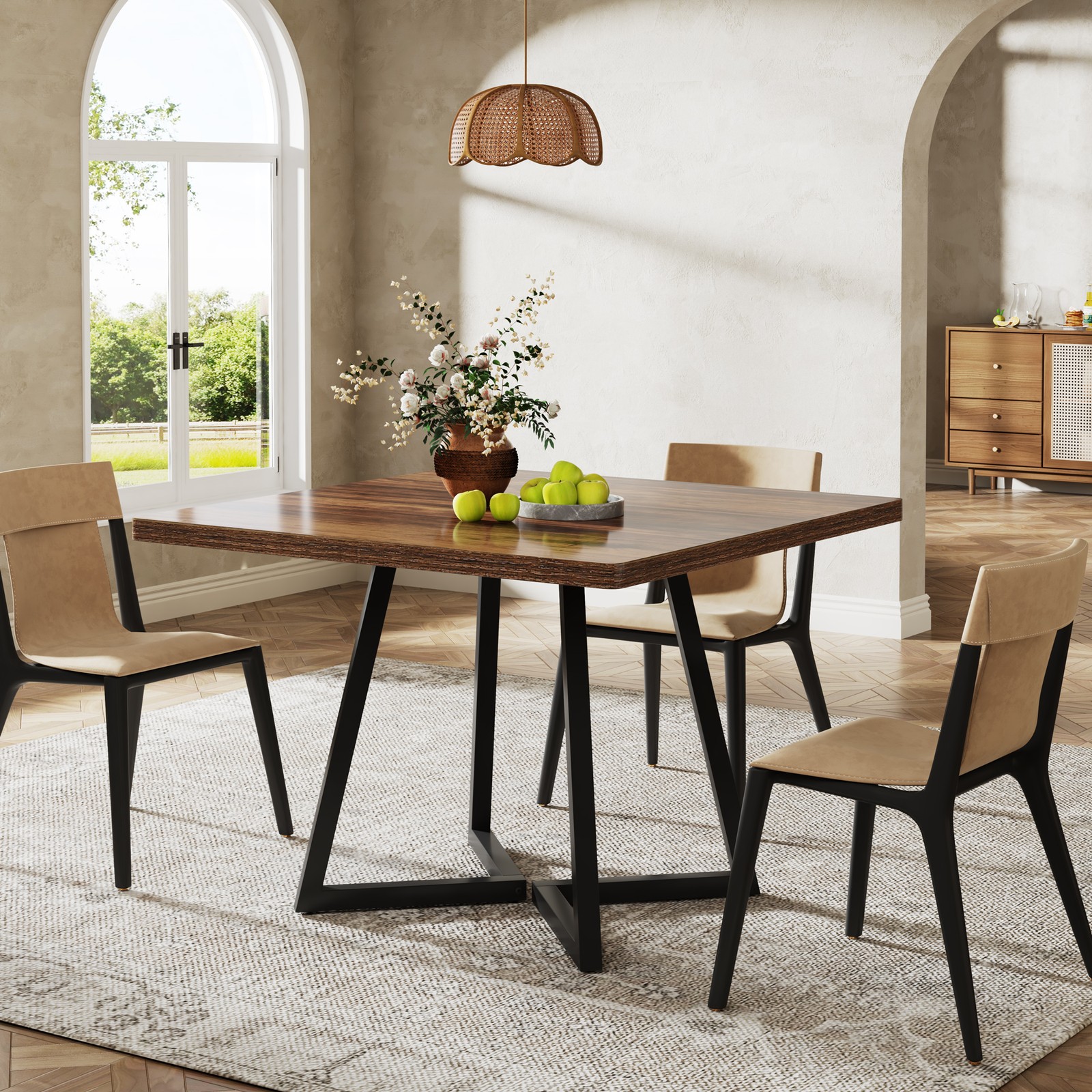 Square Dining Table for 4, 31.5” Farmhouse Wooden Kitchen Table with Metal Base
