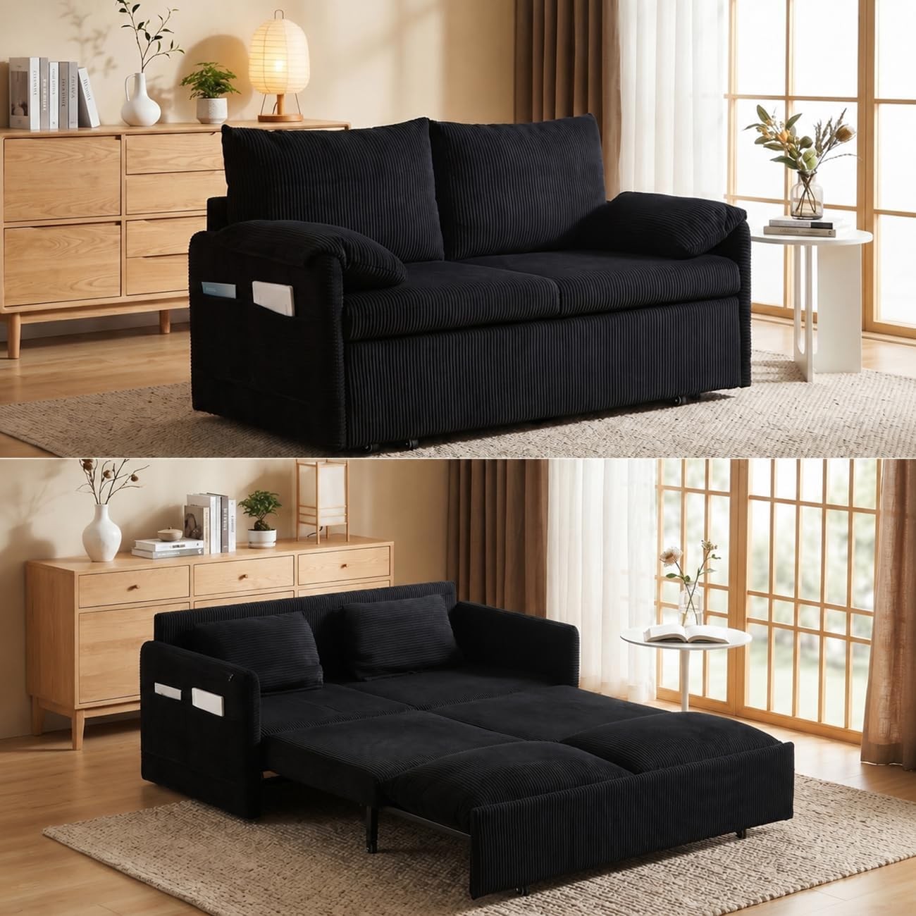 65″ 3-in-1 Corduroy Queen Size Convertible Sleeper Sofa Bed Pull Out Loveseat