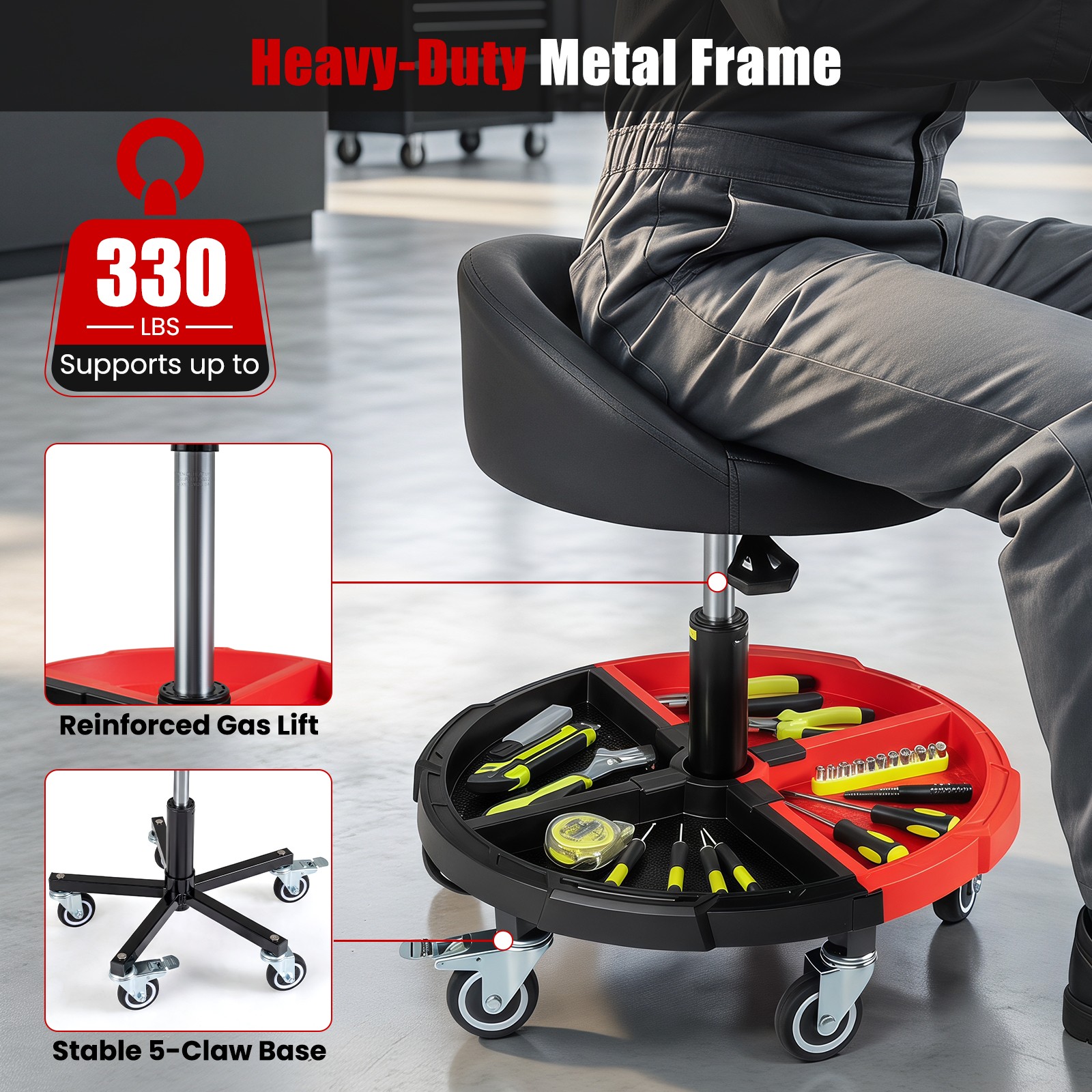 360° Rolling Mechanic Stool w/Tool Storage Tray, Backrest, Lockable Wheels
