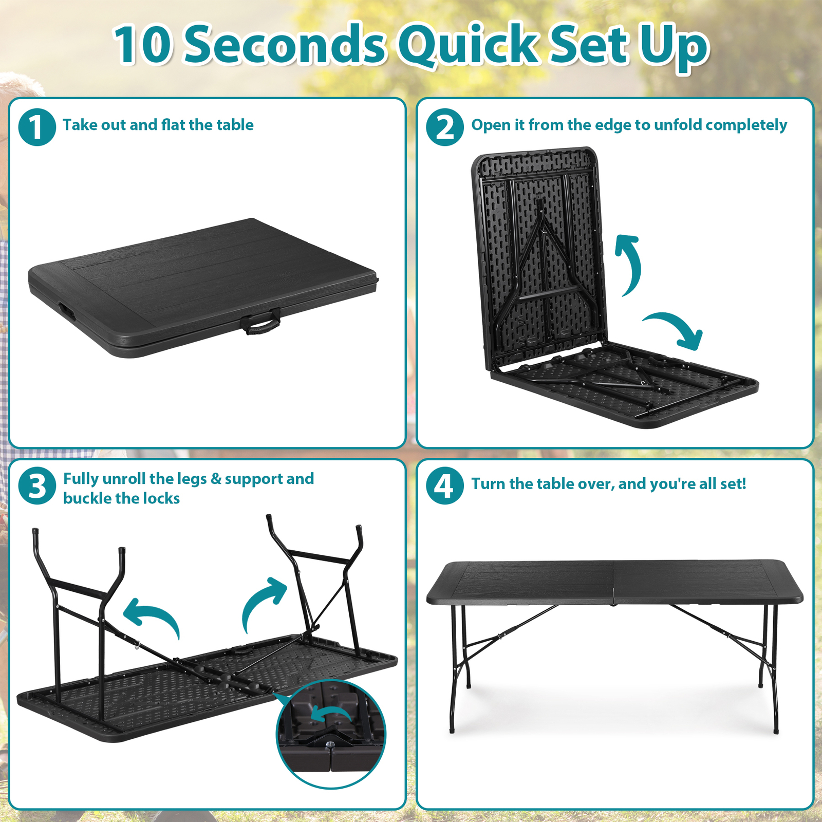6 FT Folding Table, Portable Plastic Dining Table Fold-in-Half Heavy Duty Black