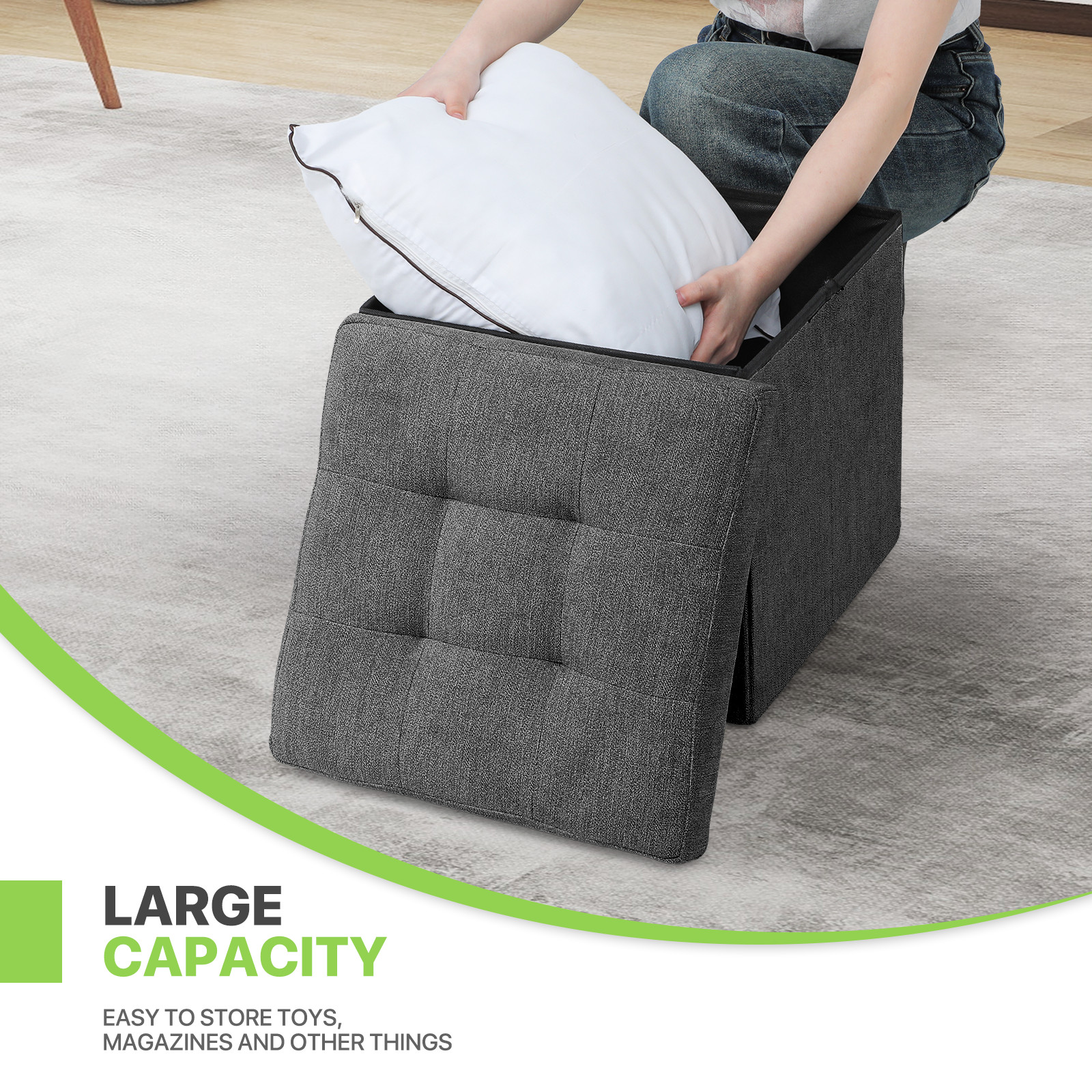 15 in Dark Gray Foldable Storage Ottoman Foot Stool Bench Chest w/Flipping Lid