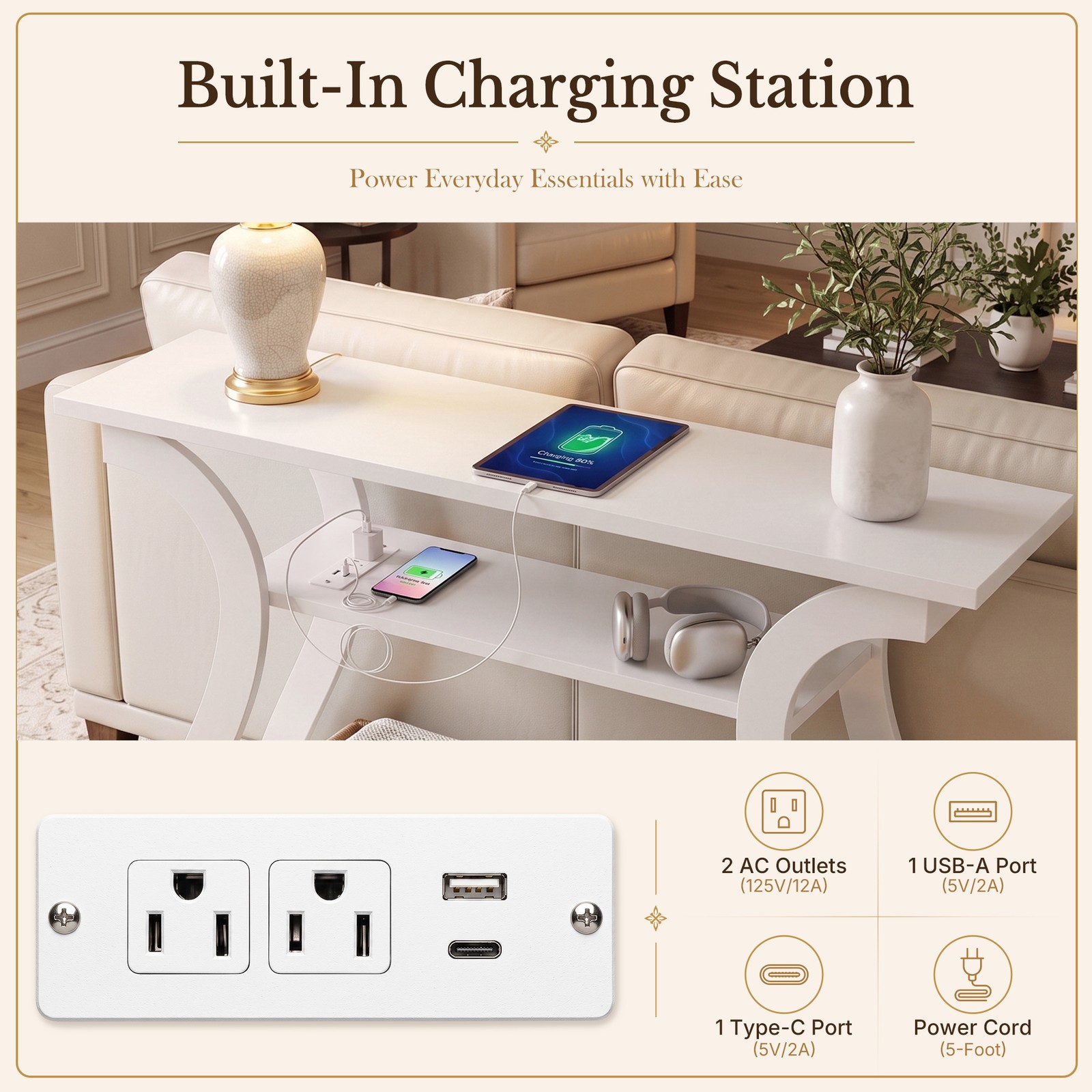 3 Tiers Practical Console Table Charging Hub Design Household Storage Table